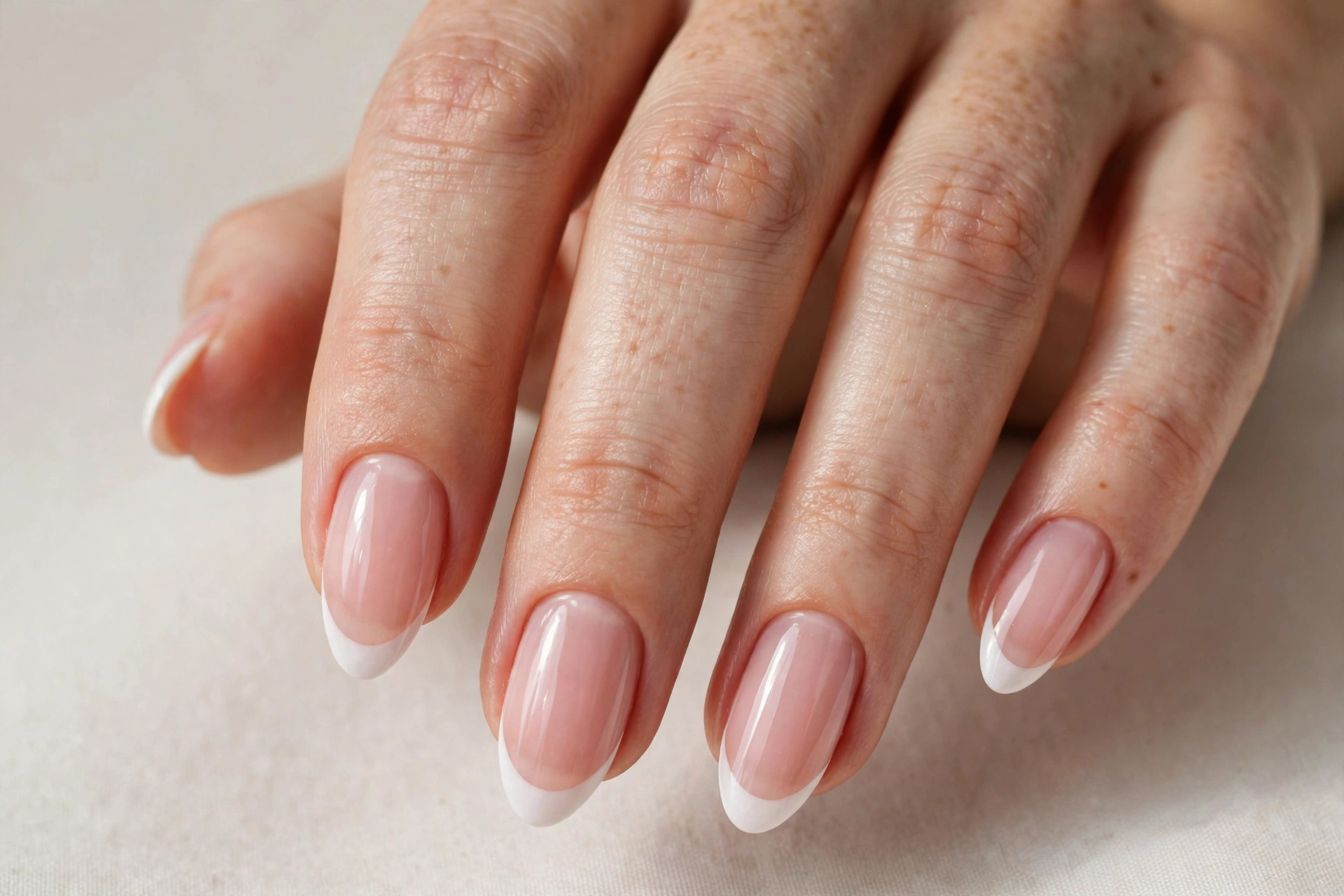 Classic French tip manicure with white tips on sheer pink base