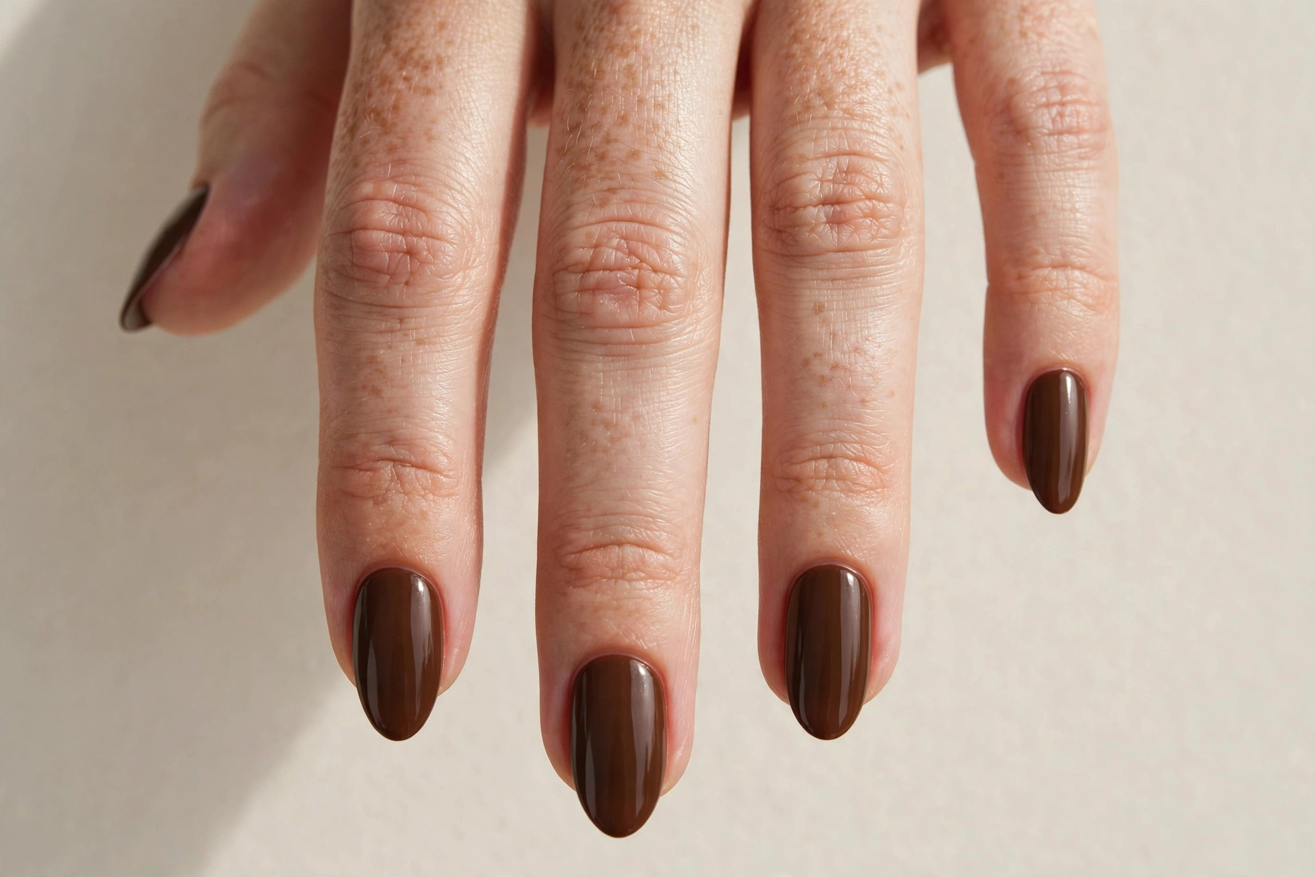 Espresso brown manicure with glossy finish