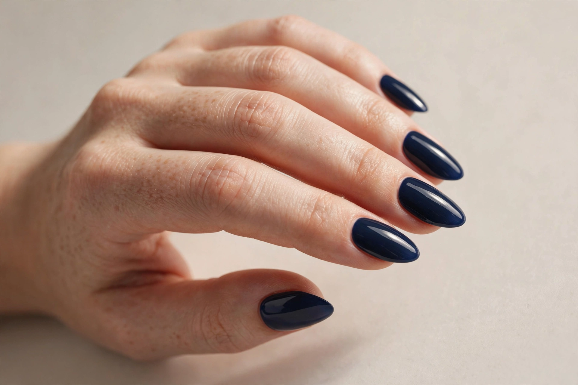 Deep navy blue manicure with glossy finish