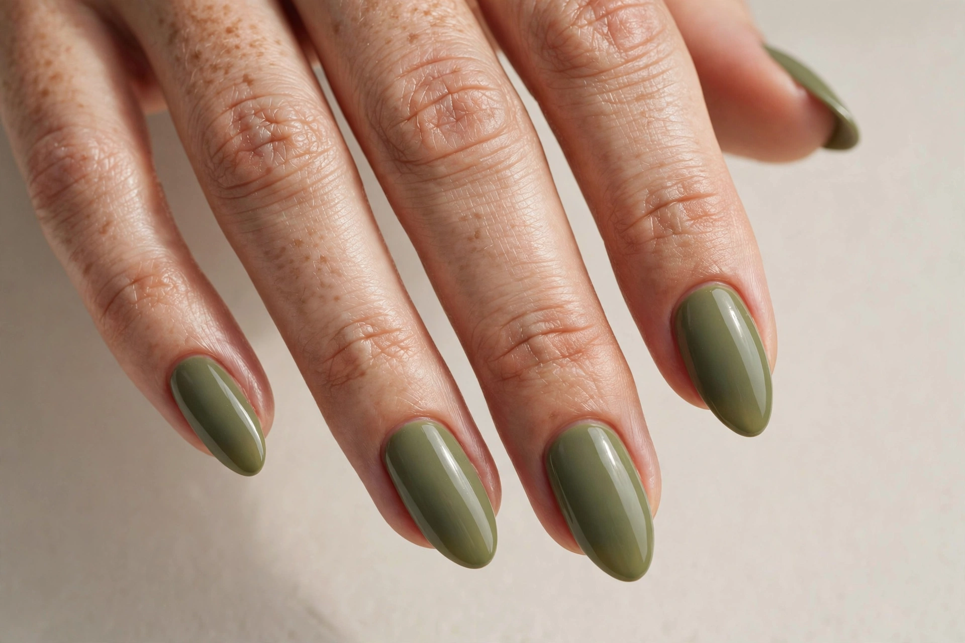 Olive green manicure with smooth finish