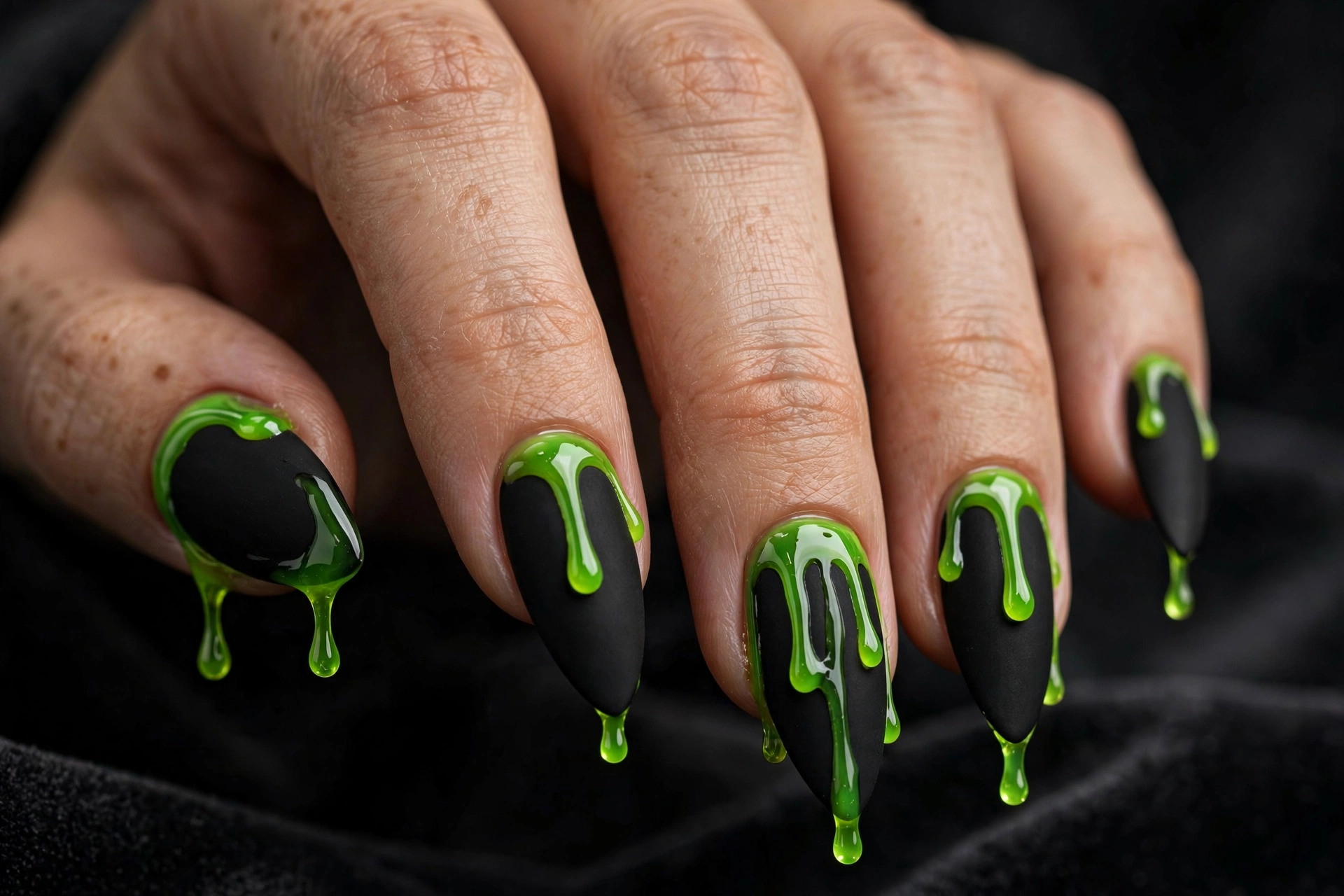 Matte black almond nails with glossy neon green slime drips melting from the cuticles