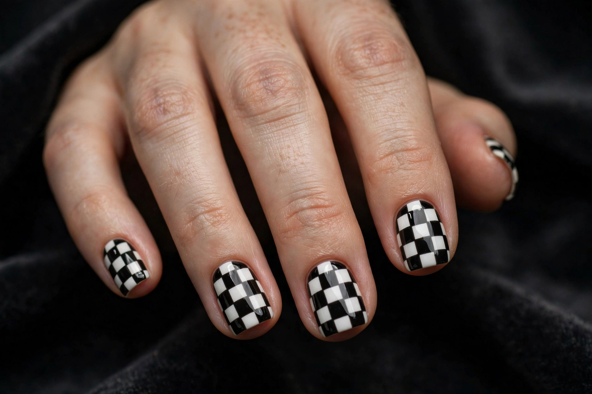 Short square nails in high-gloss black and white checkerboard pattern
