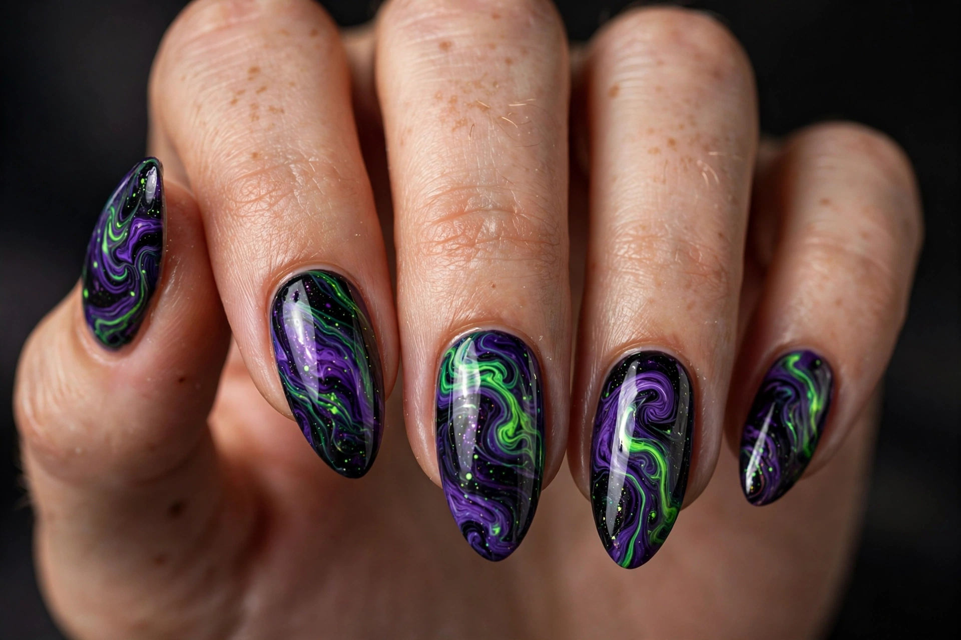 Almond nails with swirling marble pattern in deep purple, neon green and black, glossy finish