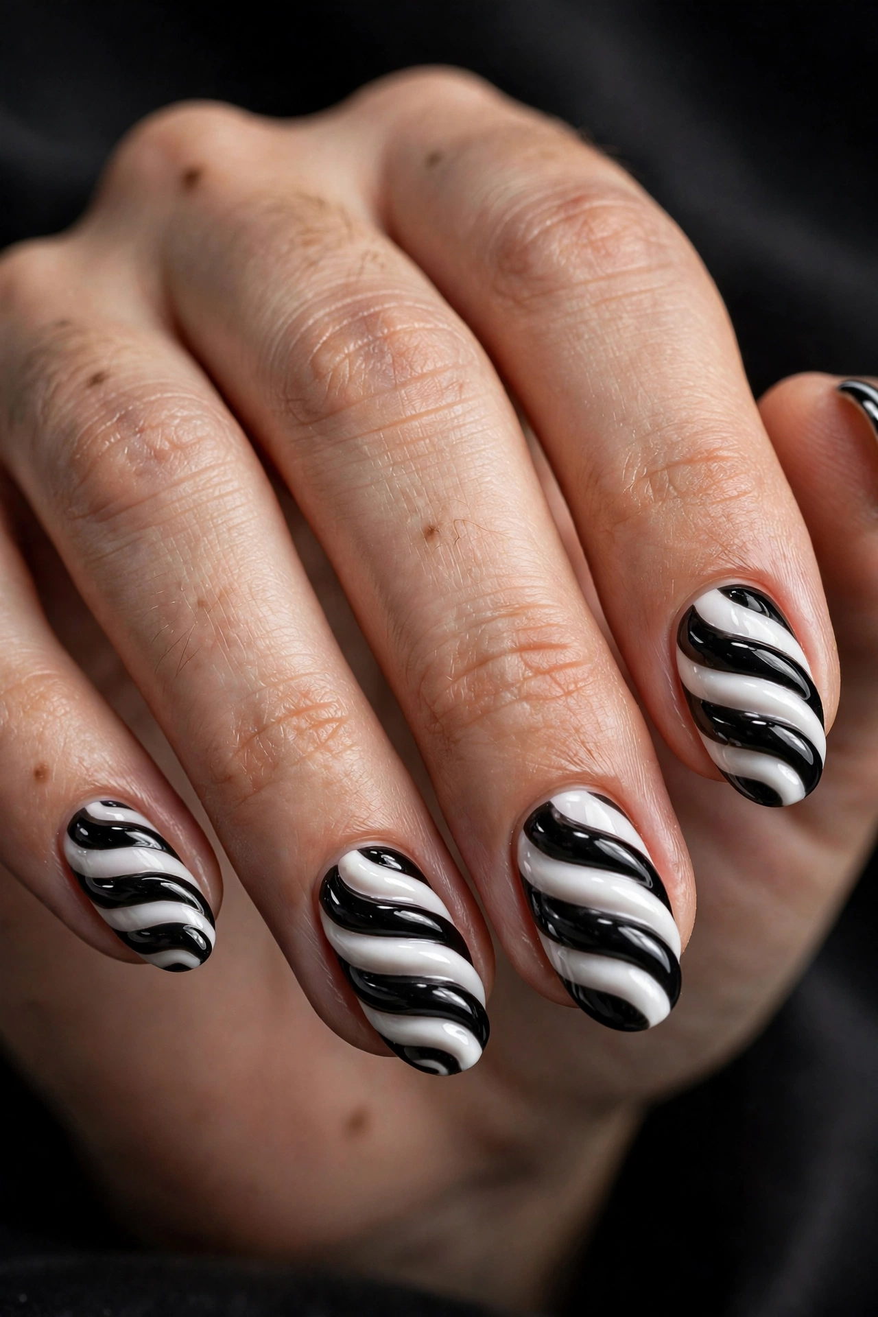 Oval nails with black and white barber-pole spiral swirls twisting from cuticle to tip