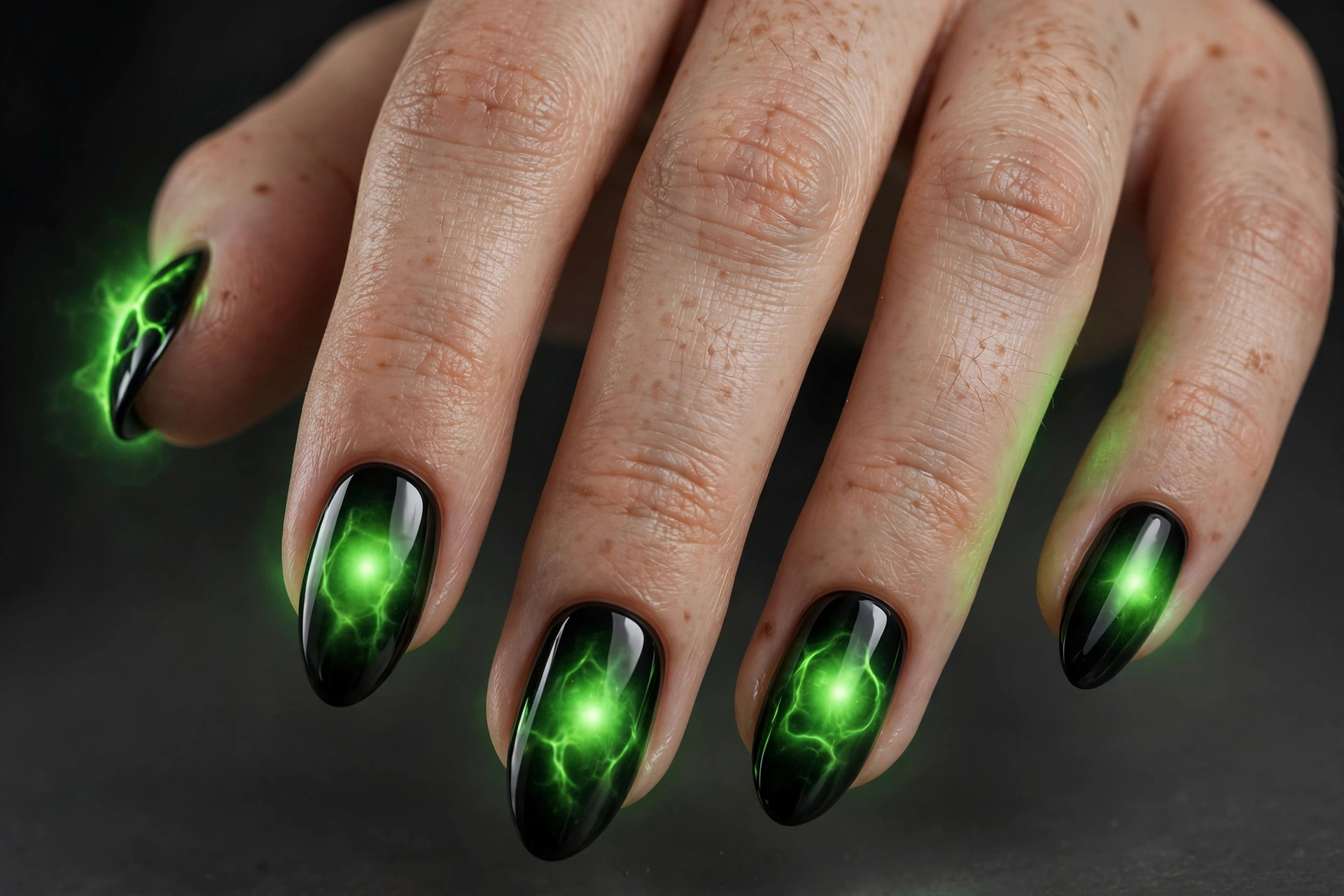 Black almond nails with a luminous neon green aura halo glowing at the center of each nail