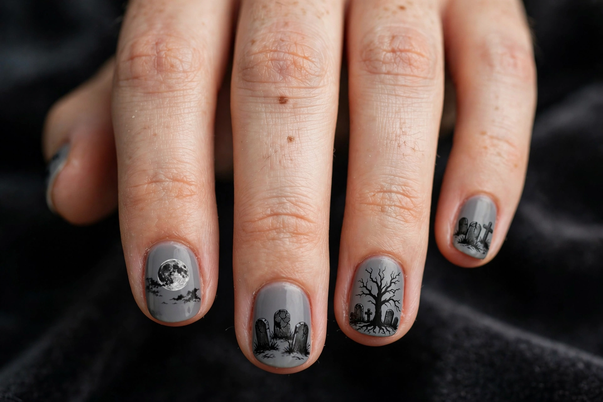 Short round grey nails with black silhouettes of crooked tombstones, a dead tree and a full moon