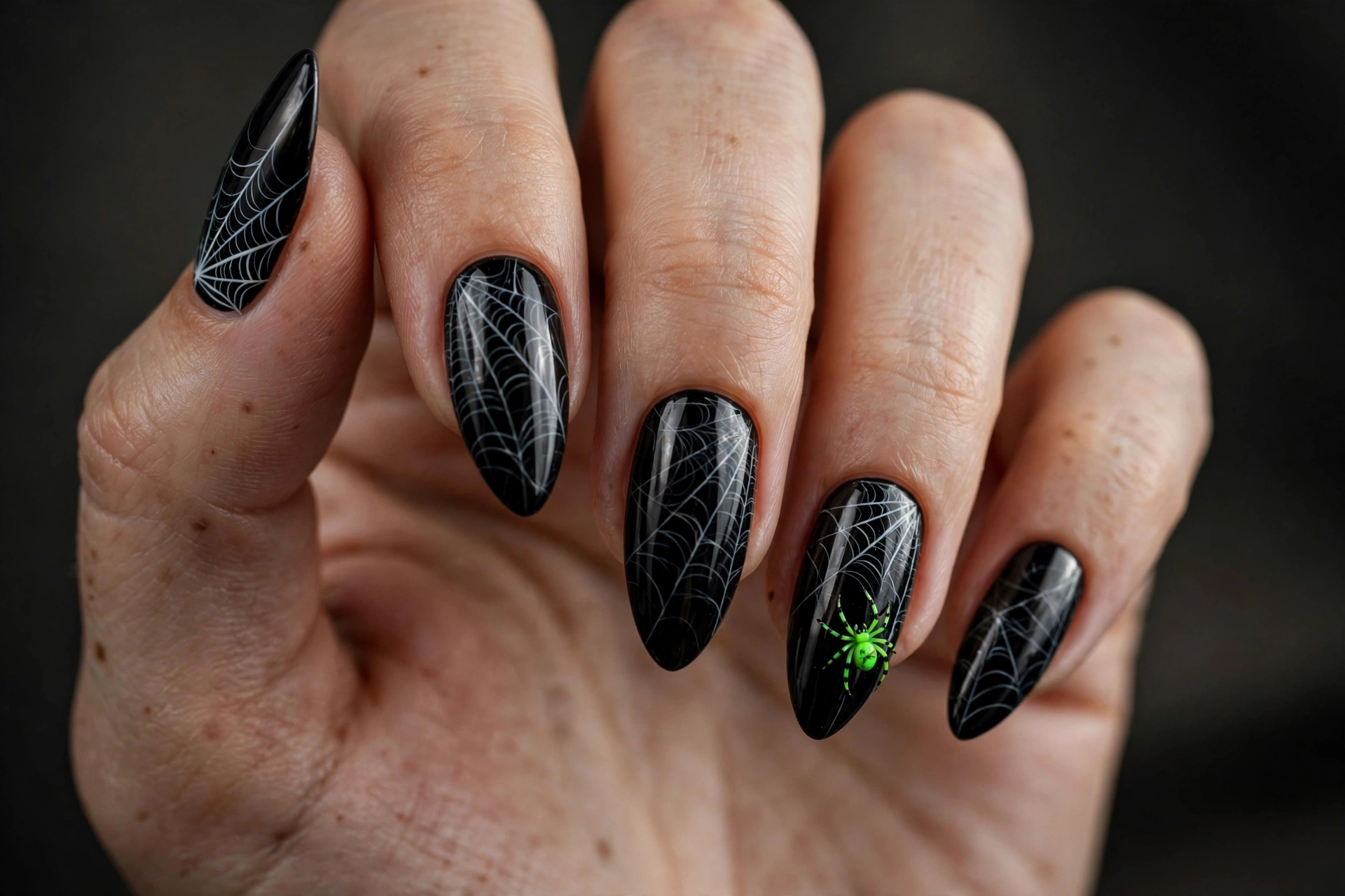 Glossy black almond nails with fine white spiderweb line art and a tiny neon green spider accent