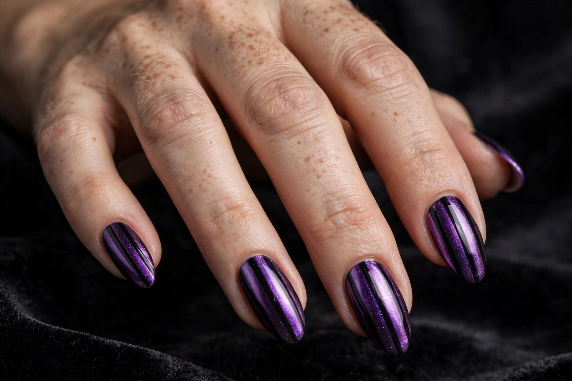 Almond nails in shimmering purple chrome with bold black vertical stripes, gothic glam finish