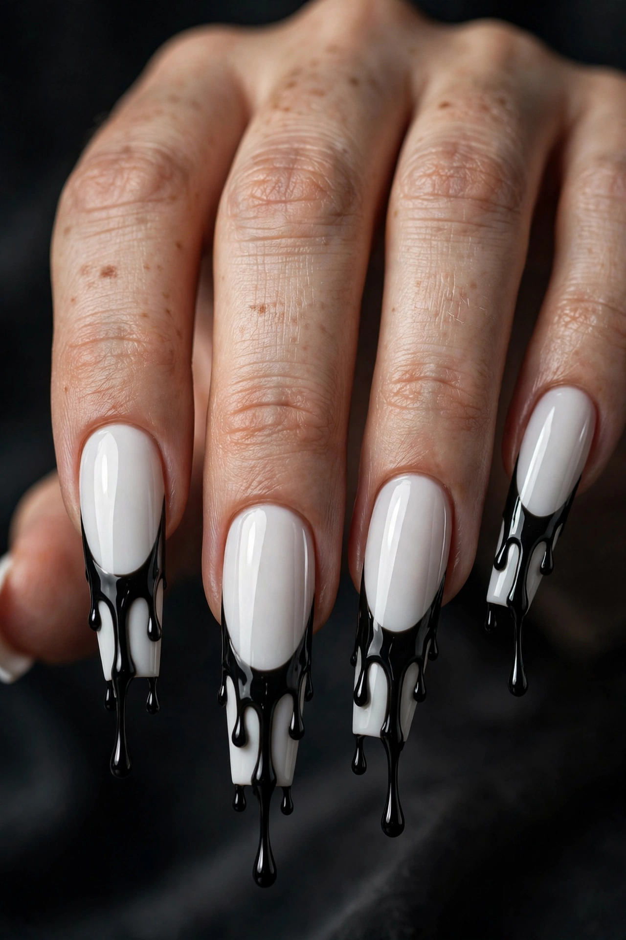 Glossy white long coffin nails with black polish dripping down from the tips like melting wax