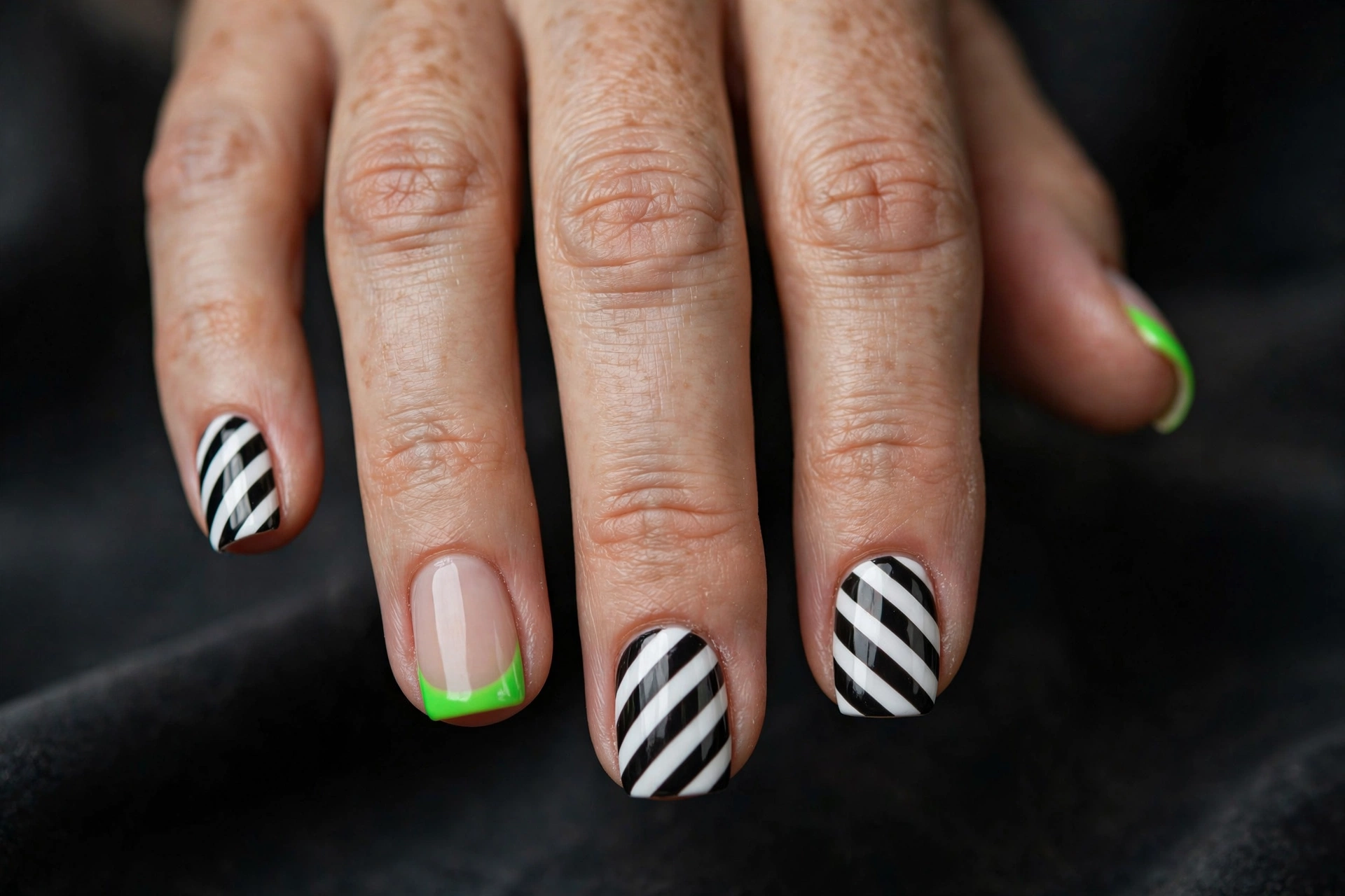 Short square nails with black and white diagonal stripes and neon green French tips on accent nails