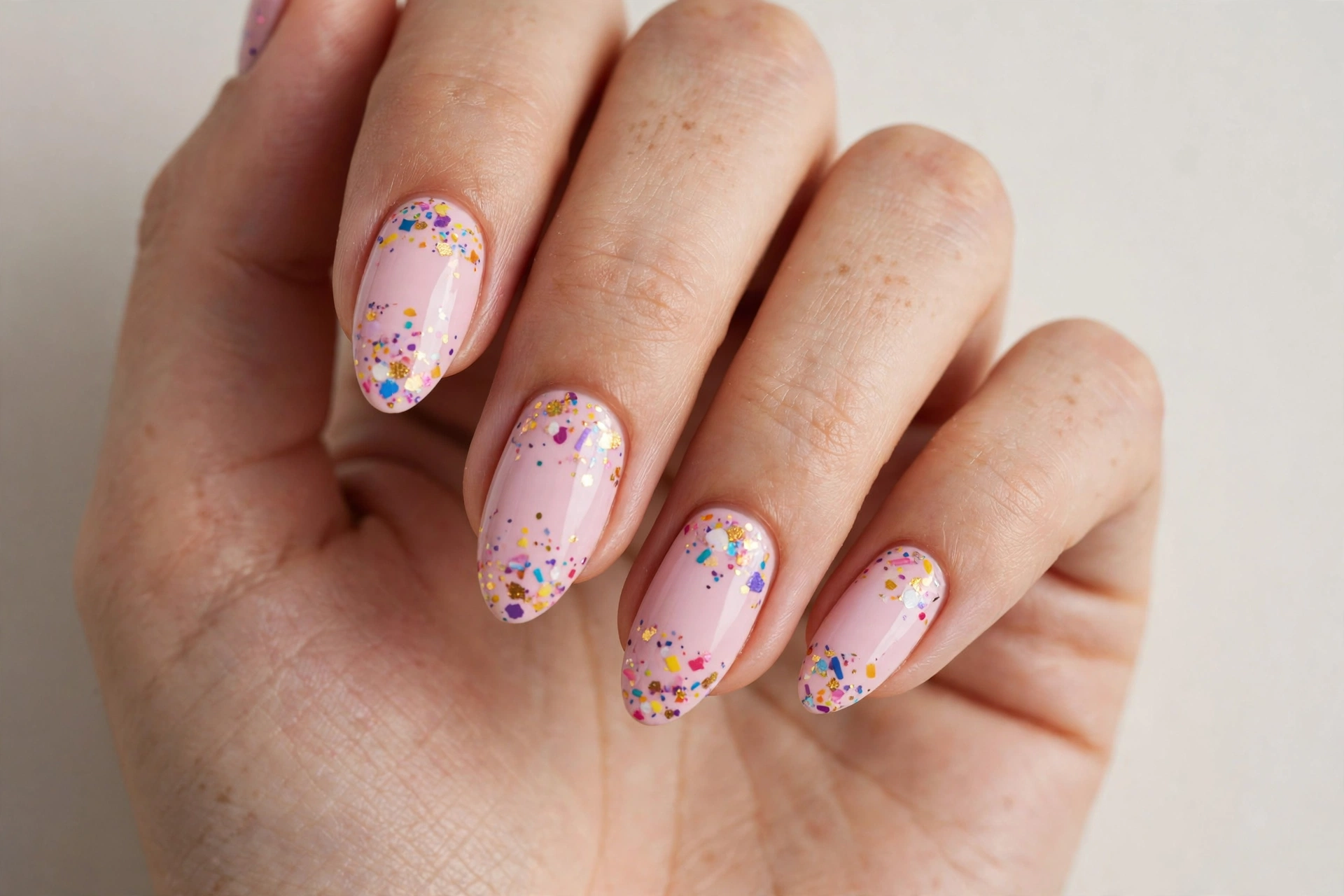 Pastel pink nails with colorful birthday confetti sprinkles