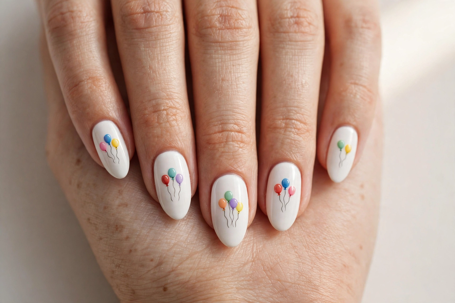 White nails with tiny colorful balloon nail art
