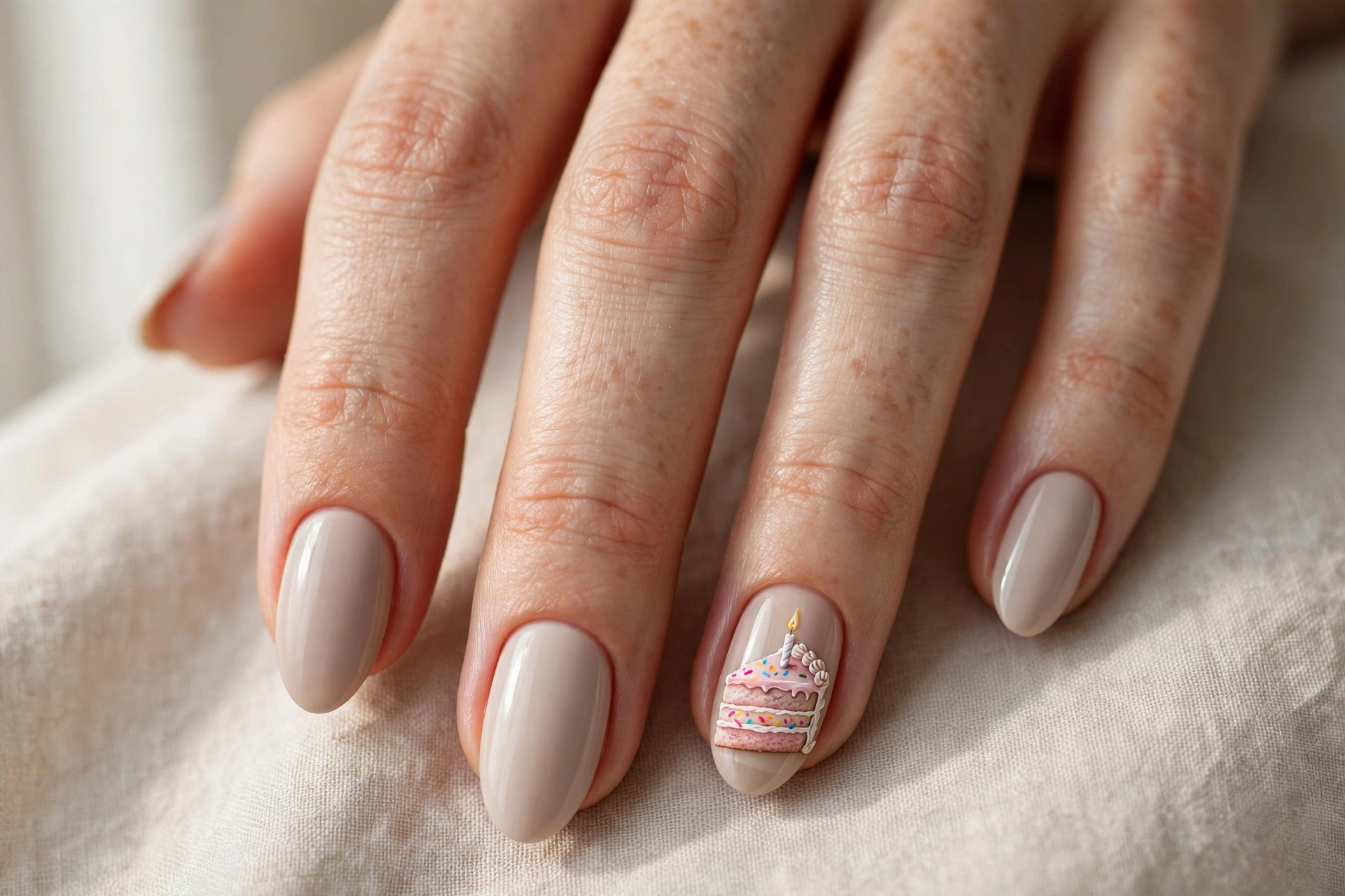 Nails with birthday cake slice nail art accent