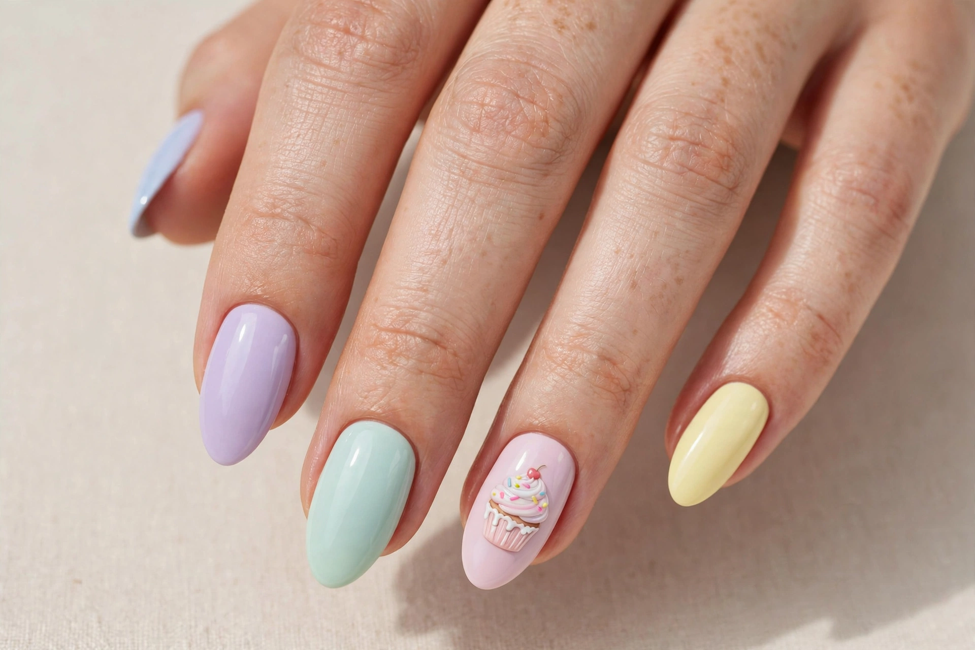 Pastel nails with cupcake accent nail art
