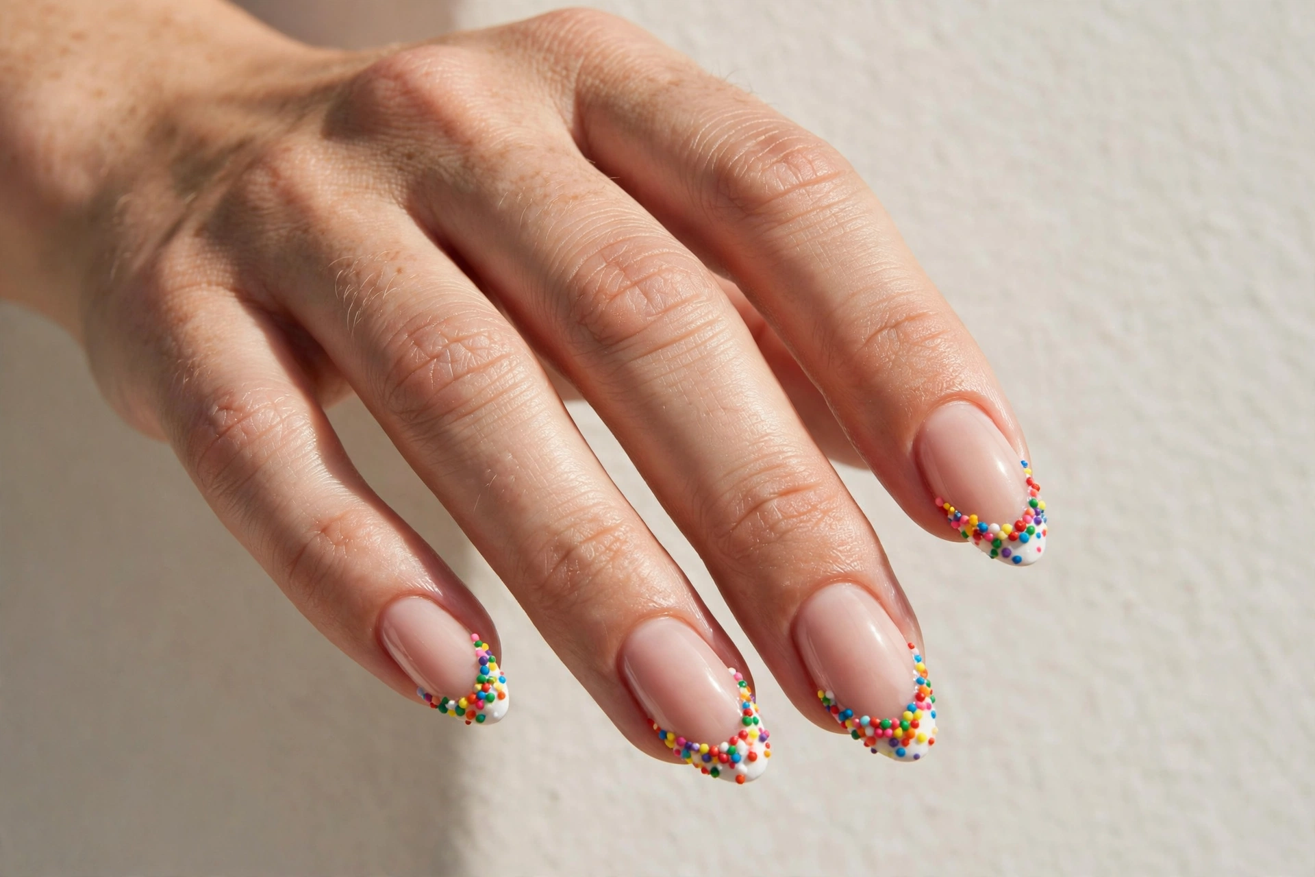 French tip nails with rainbow sprinkle tips