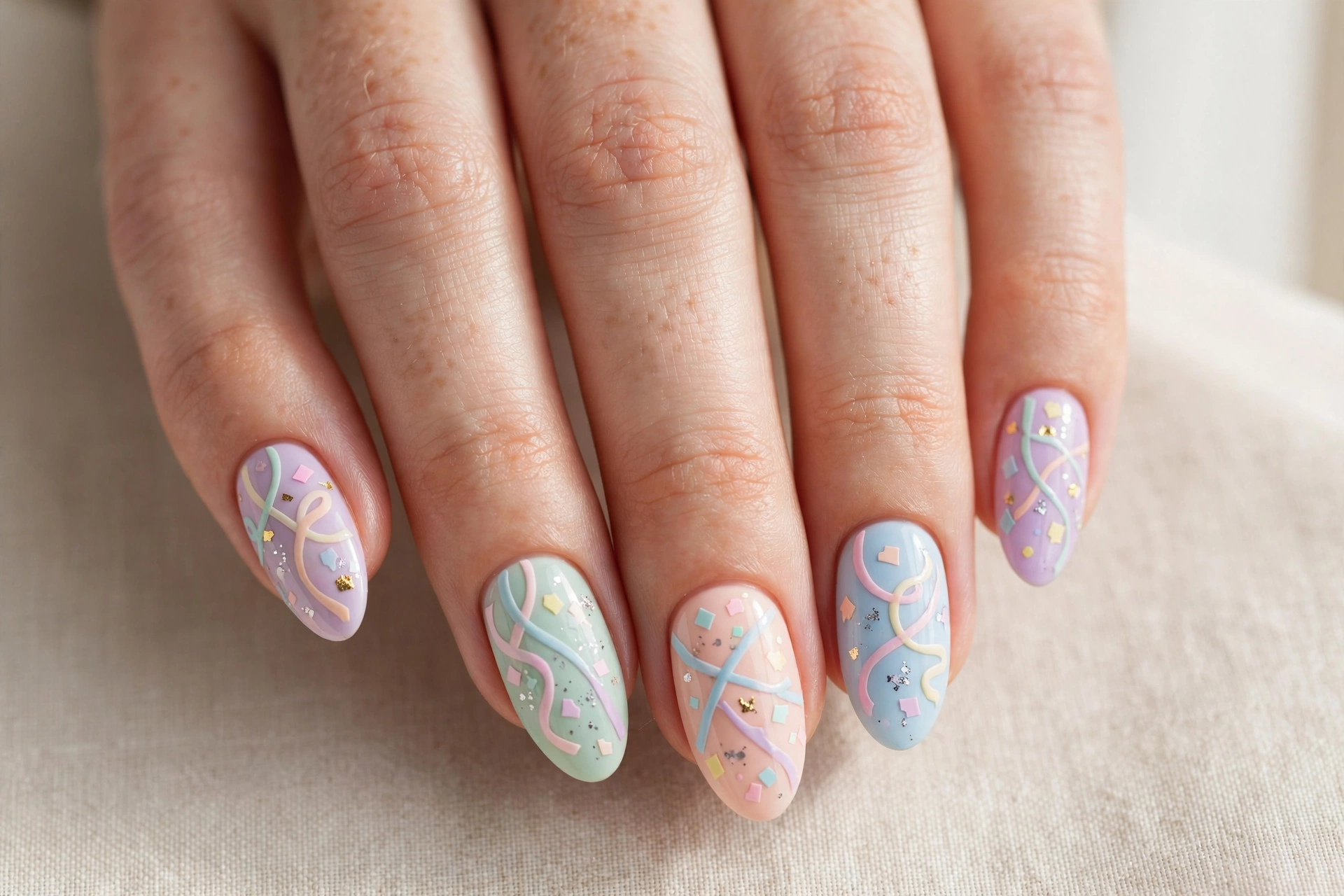 Pastel nails with party streamer nail art