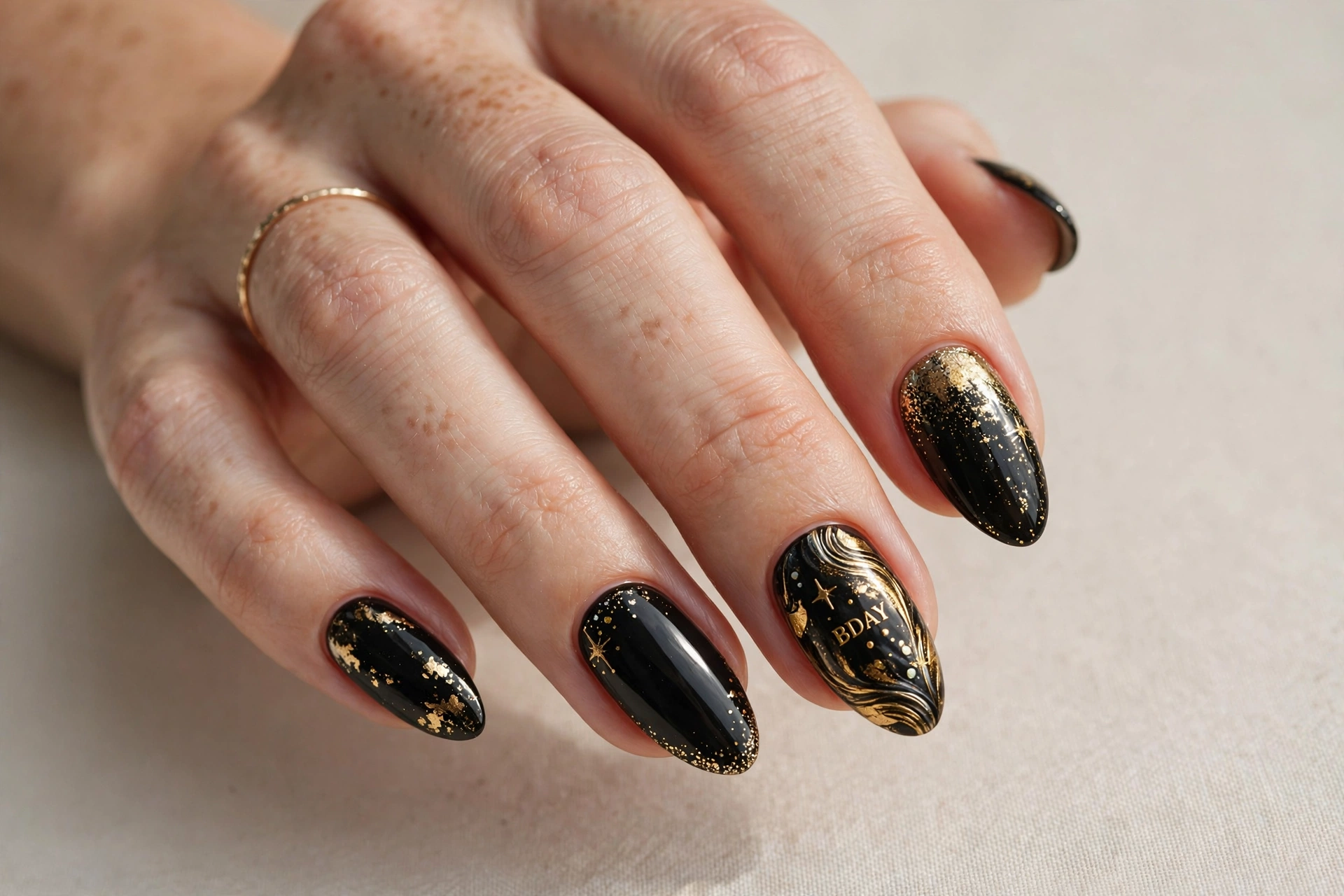 Black and gold luxe birthday nails