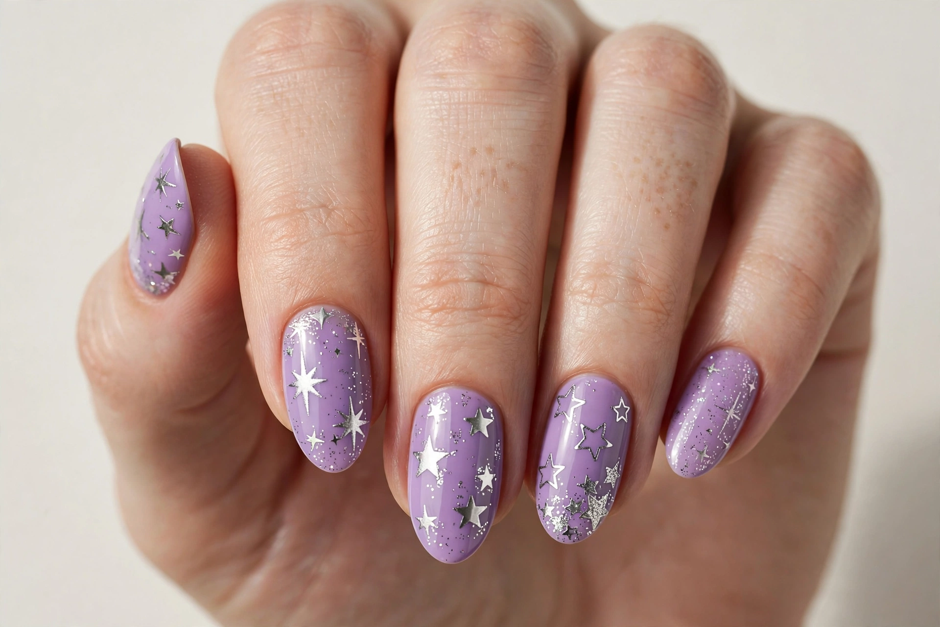 Lilac nails with silver star nail art
