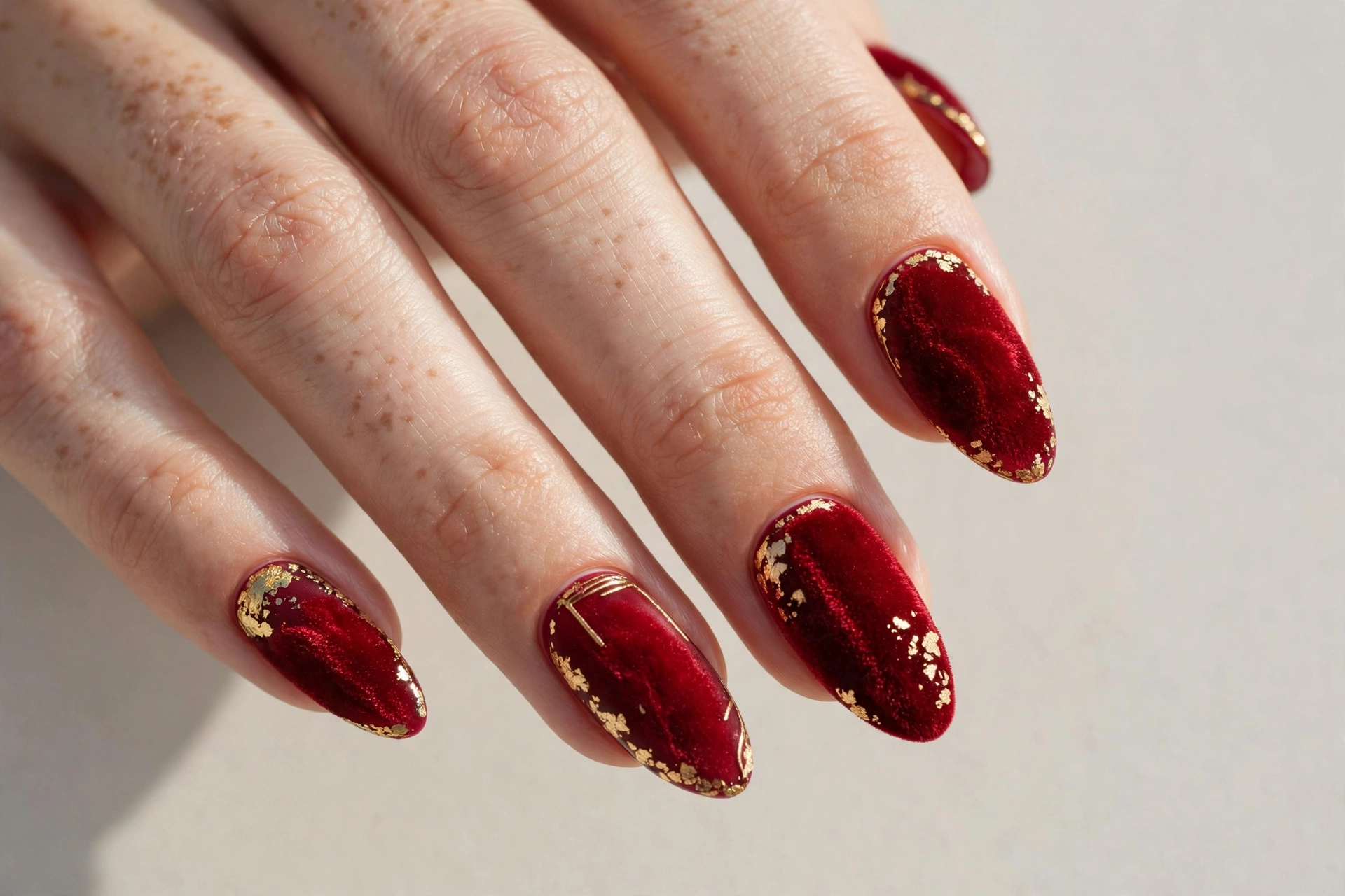 Red velvet party glam nails with gold accents
