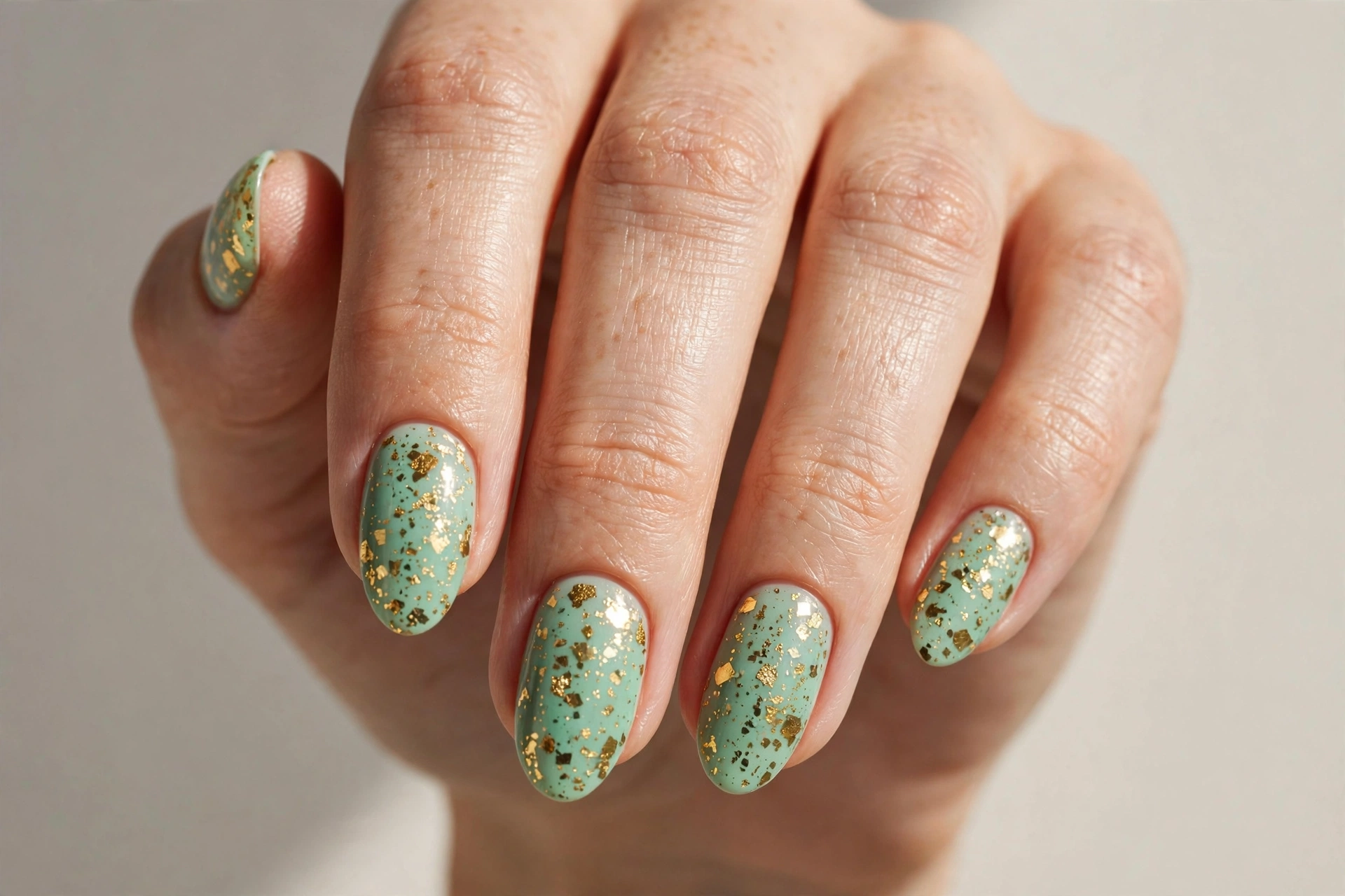 Mint nails with gold confetti