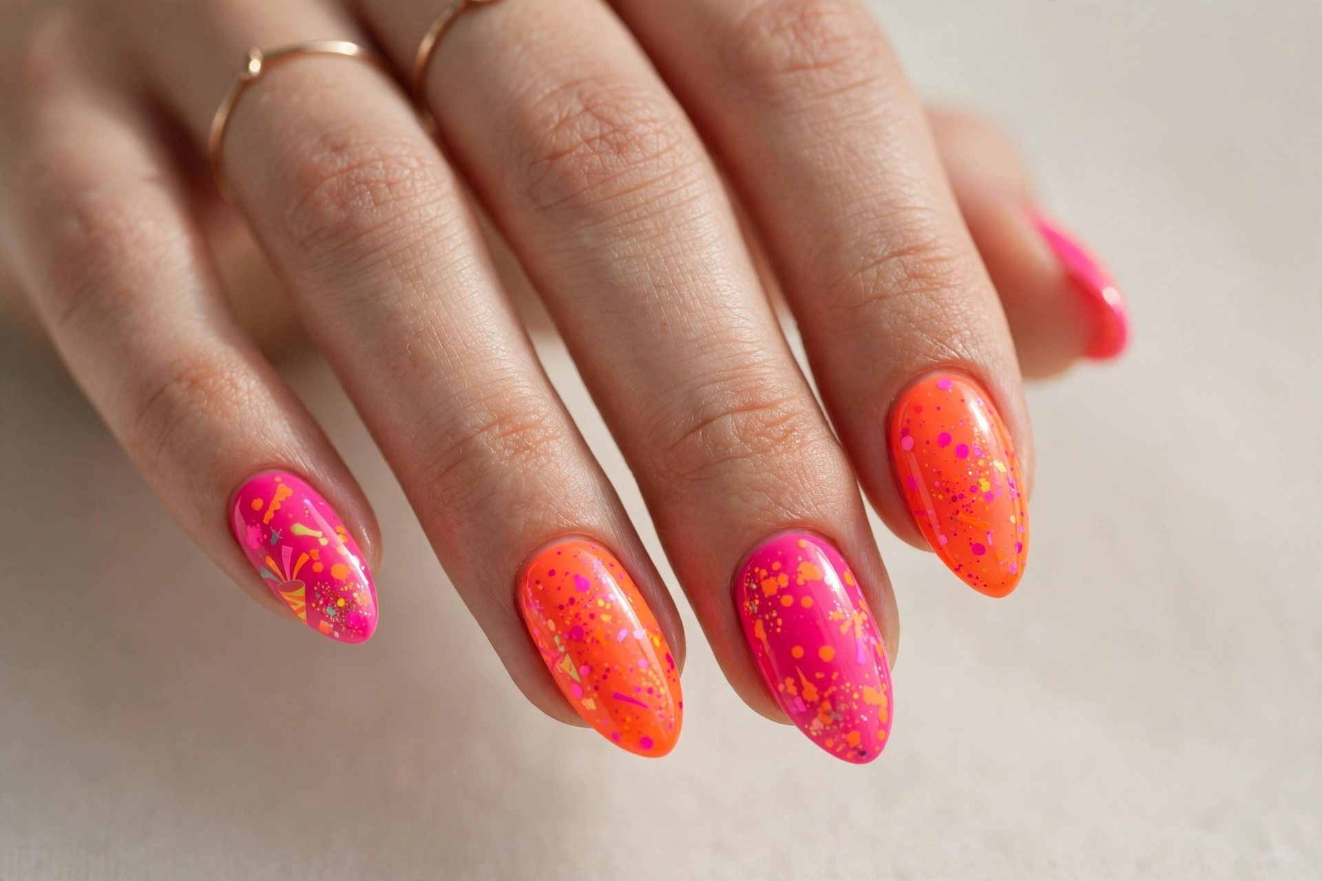 Neon pink and orange party pop birthday nails