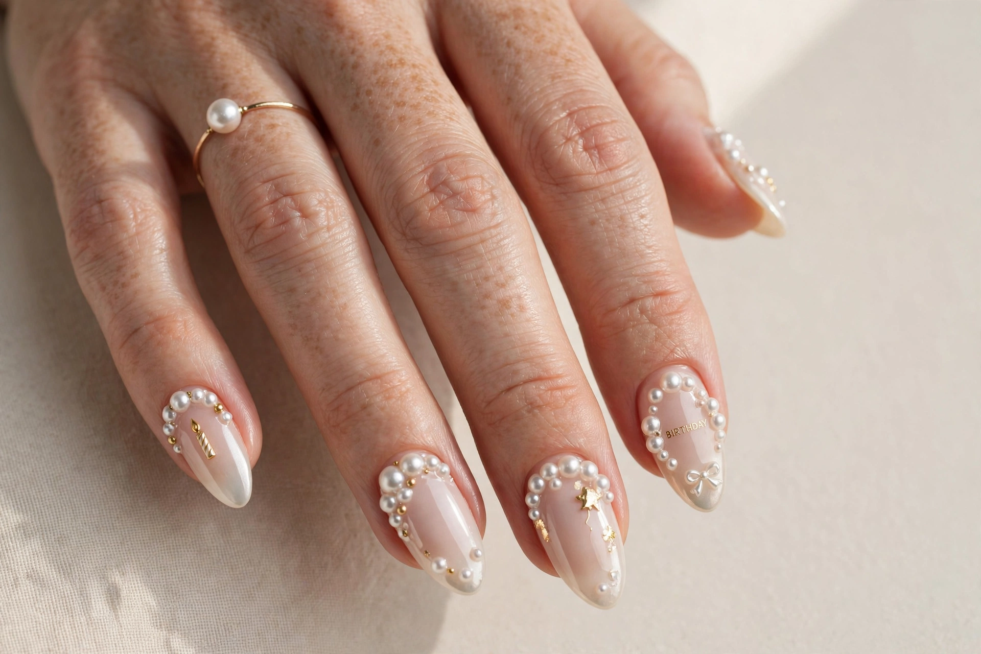 Elegant pearl birthday nails