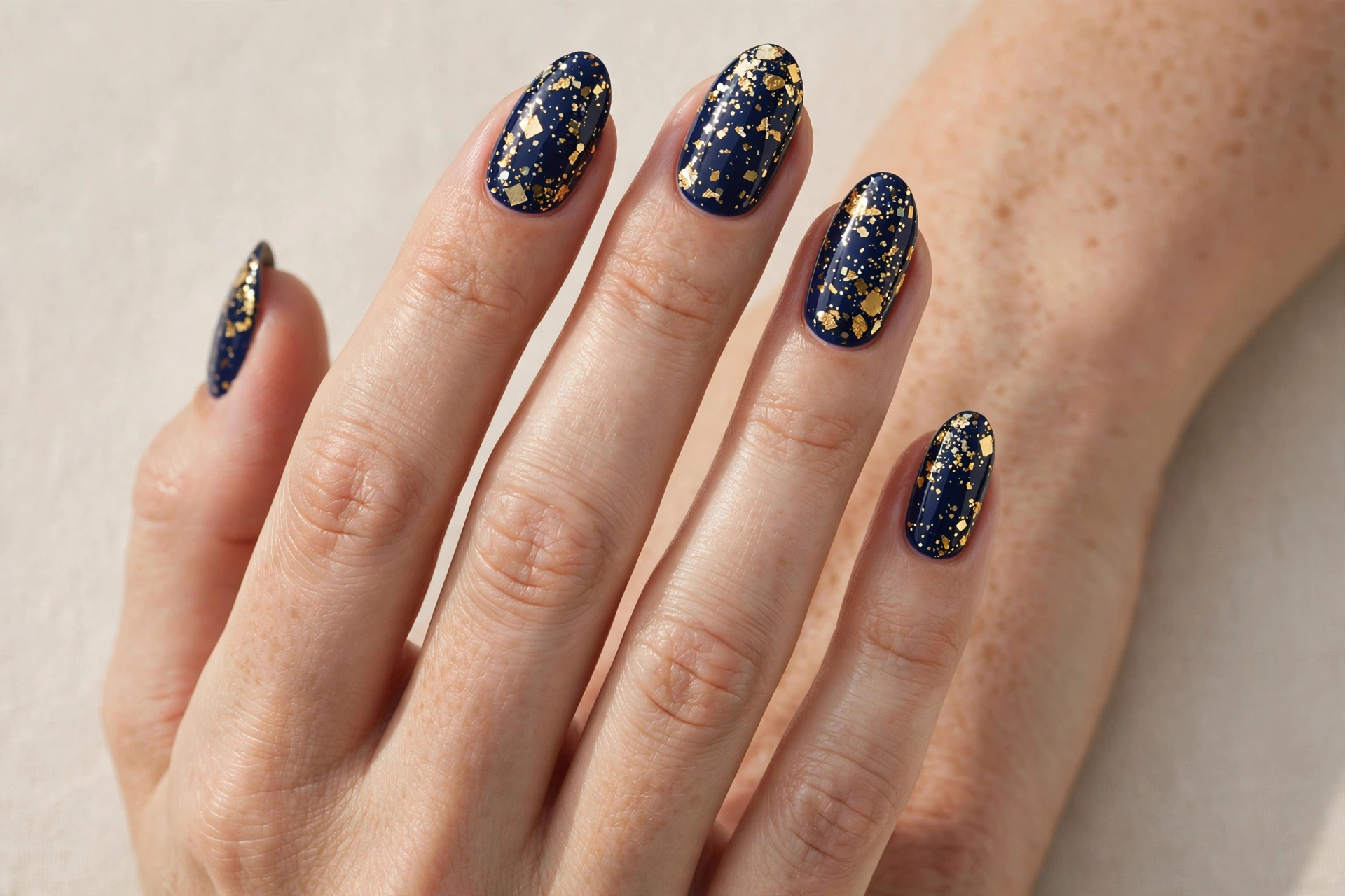 Navy and gold confetti glam birthday nails