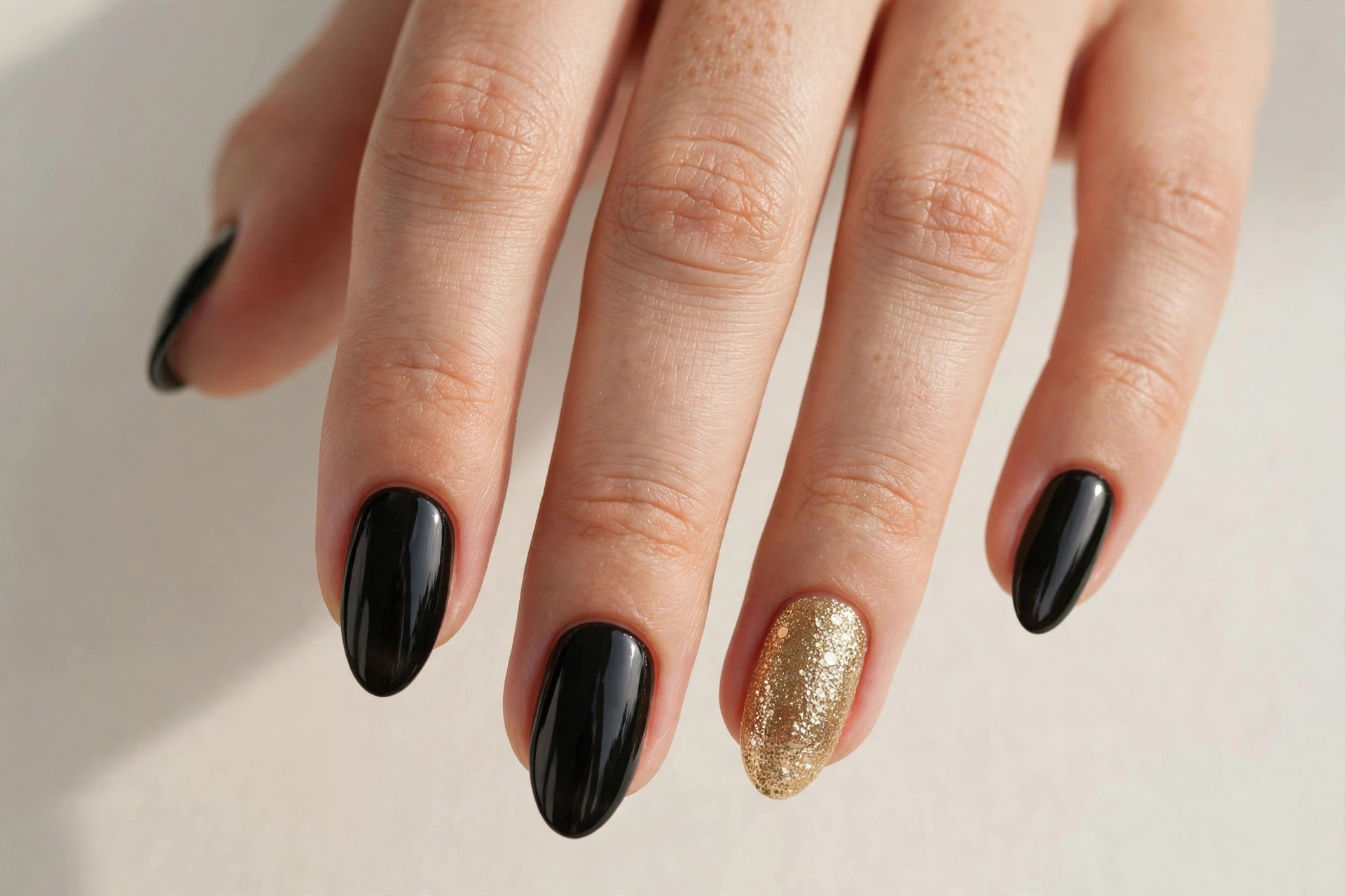 Glossy black nails with a gold glitter accent nail on an almond-shaped manicure