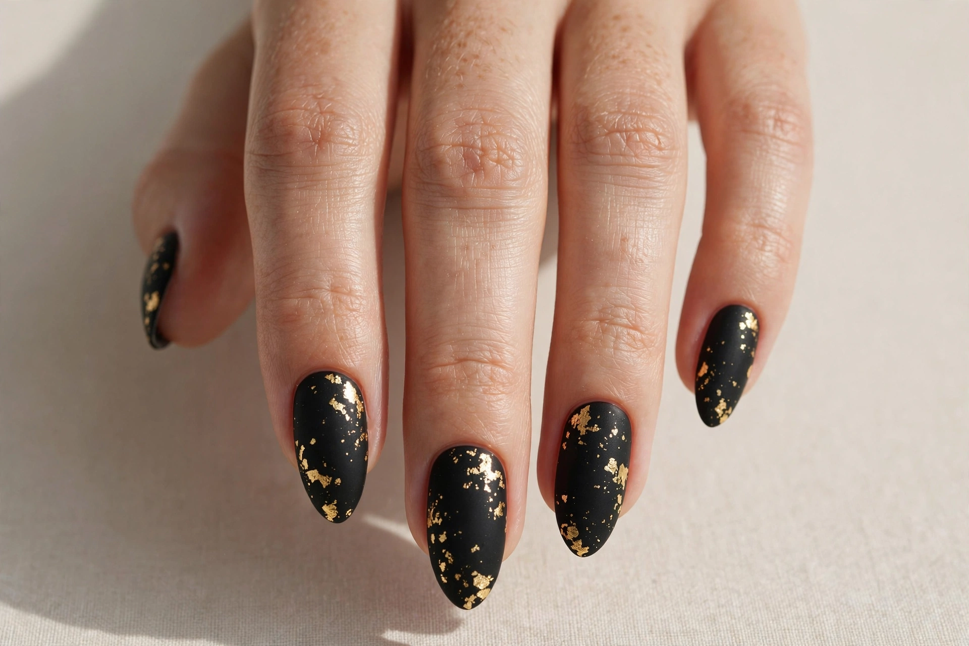 Matte black nails with delicate gold foil flakes