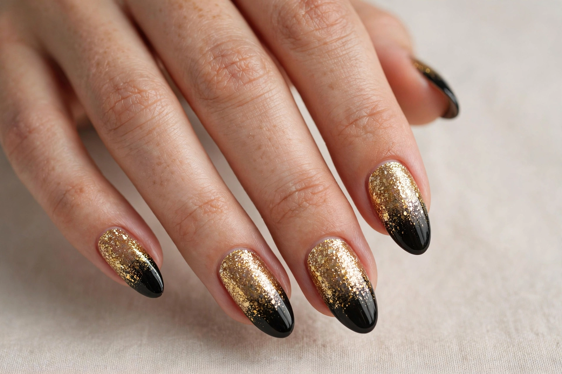 Gold glitter ombre fading into black tips on almond nails