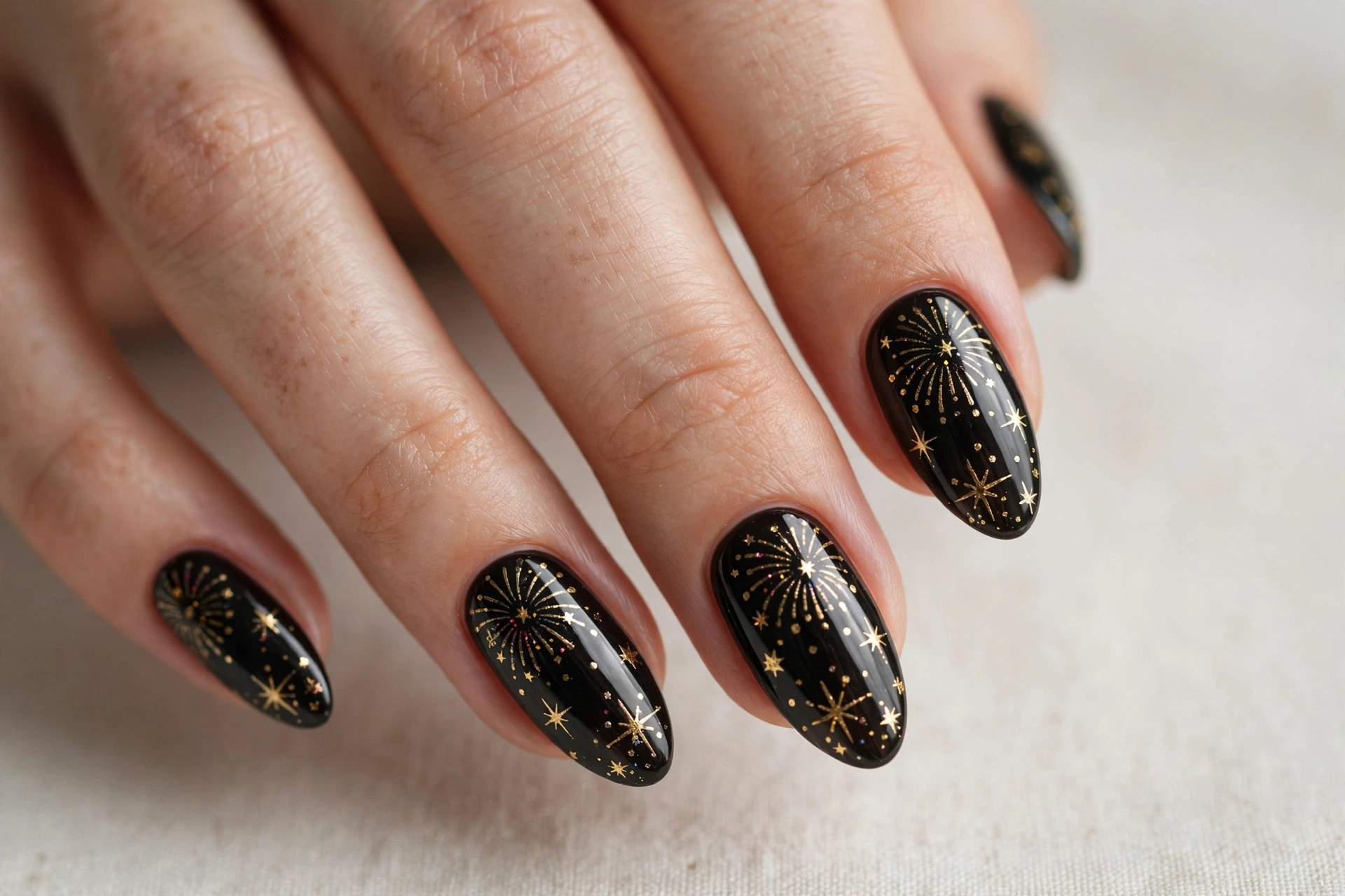 Black nails with tiny gold star decals like New Year's fireworks