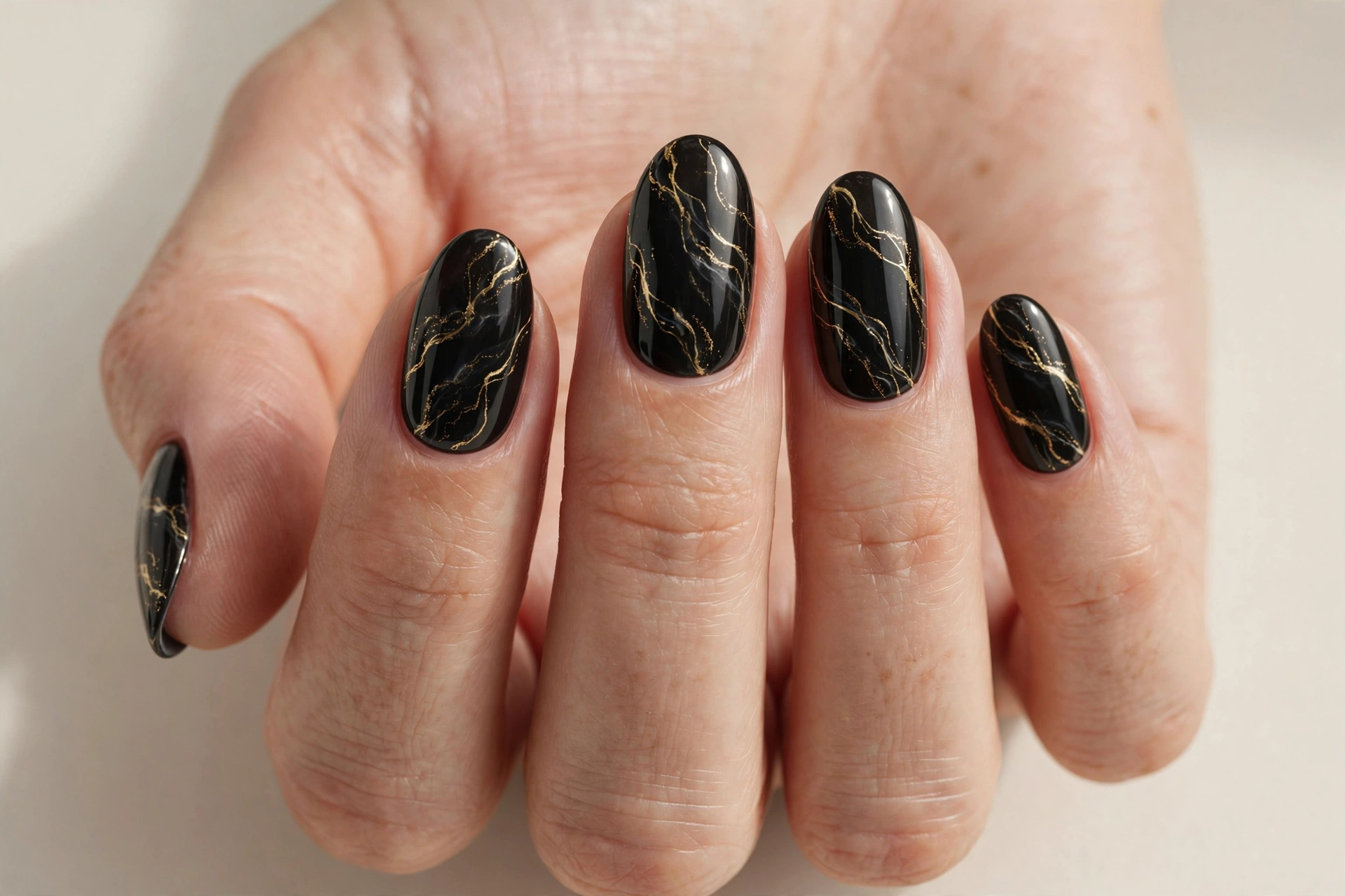 Black nails with elegant gold marble veins