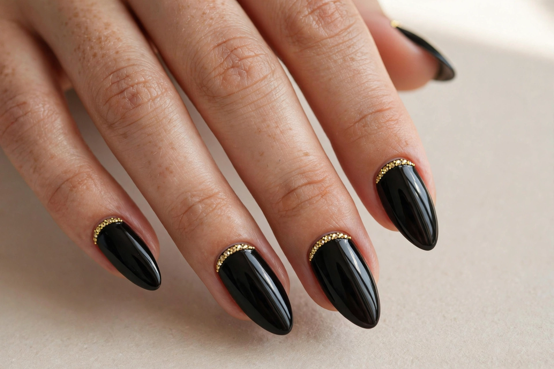 Black nails with a line of tiny gold rhinestones along the cuticles