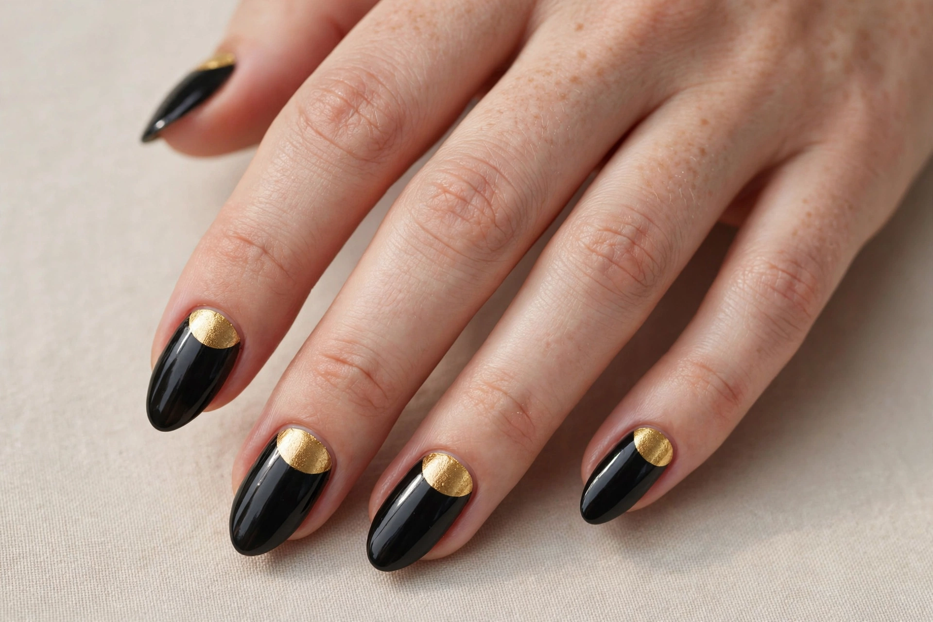 Gold half-moon nail art on black nails