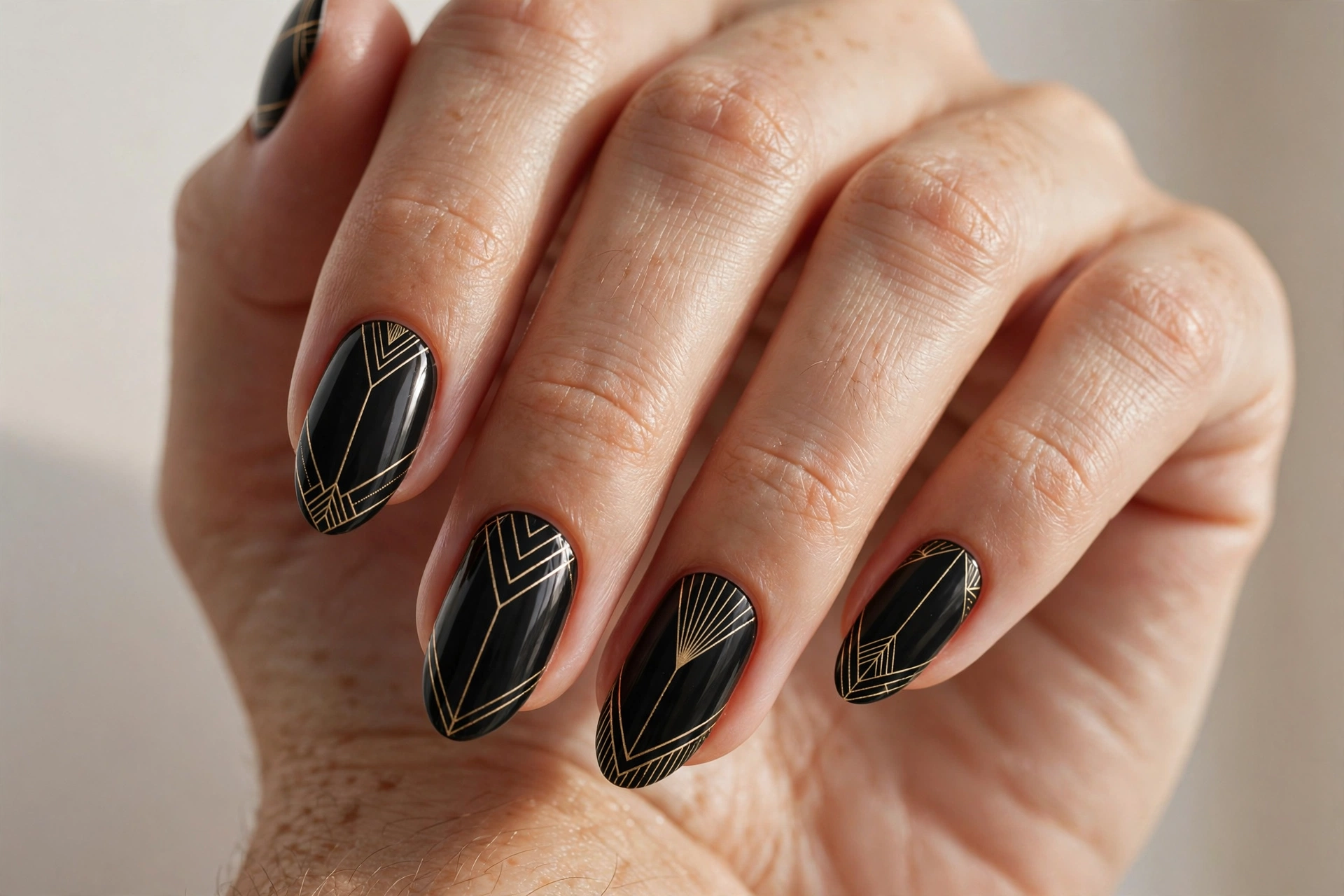 Black nails with thin gold art deco line art