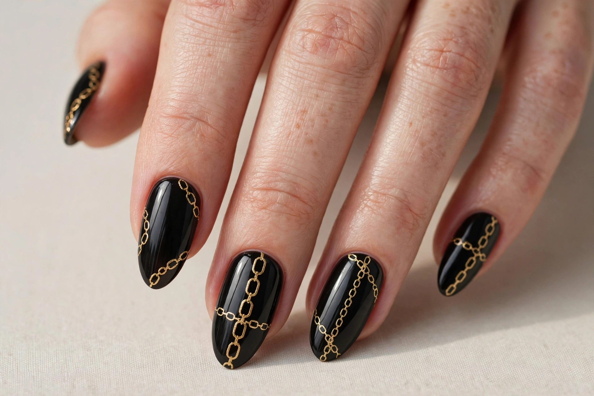 Black nails with elegant gold chain-link pattern nail art