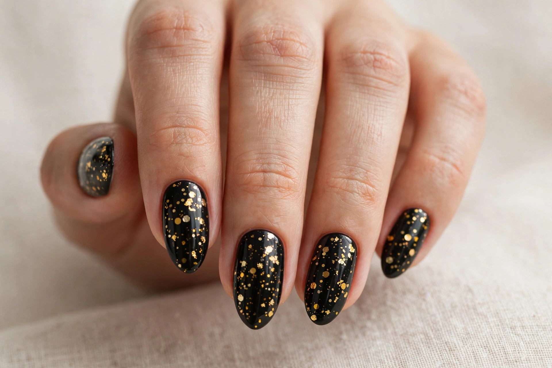 Black nails with gold confetti dot nail art