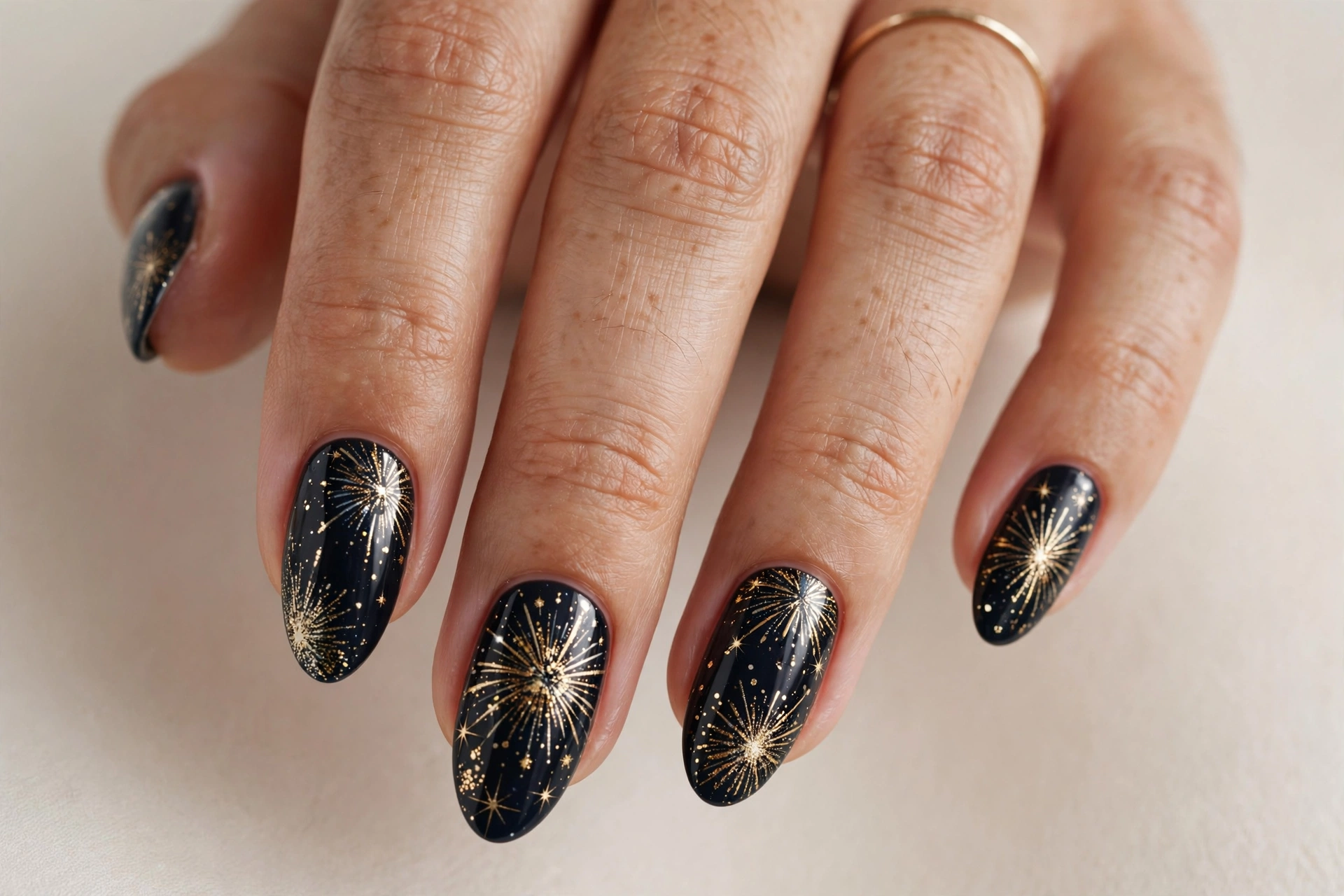 Midnight black nails with gold sparkle firework burst nail art
