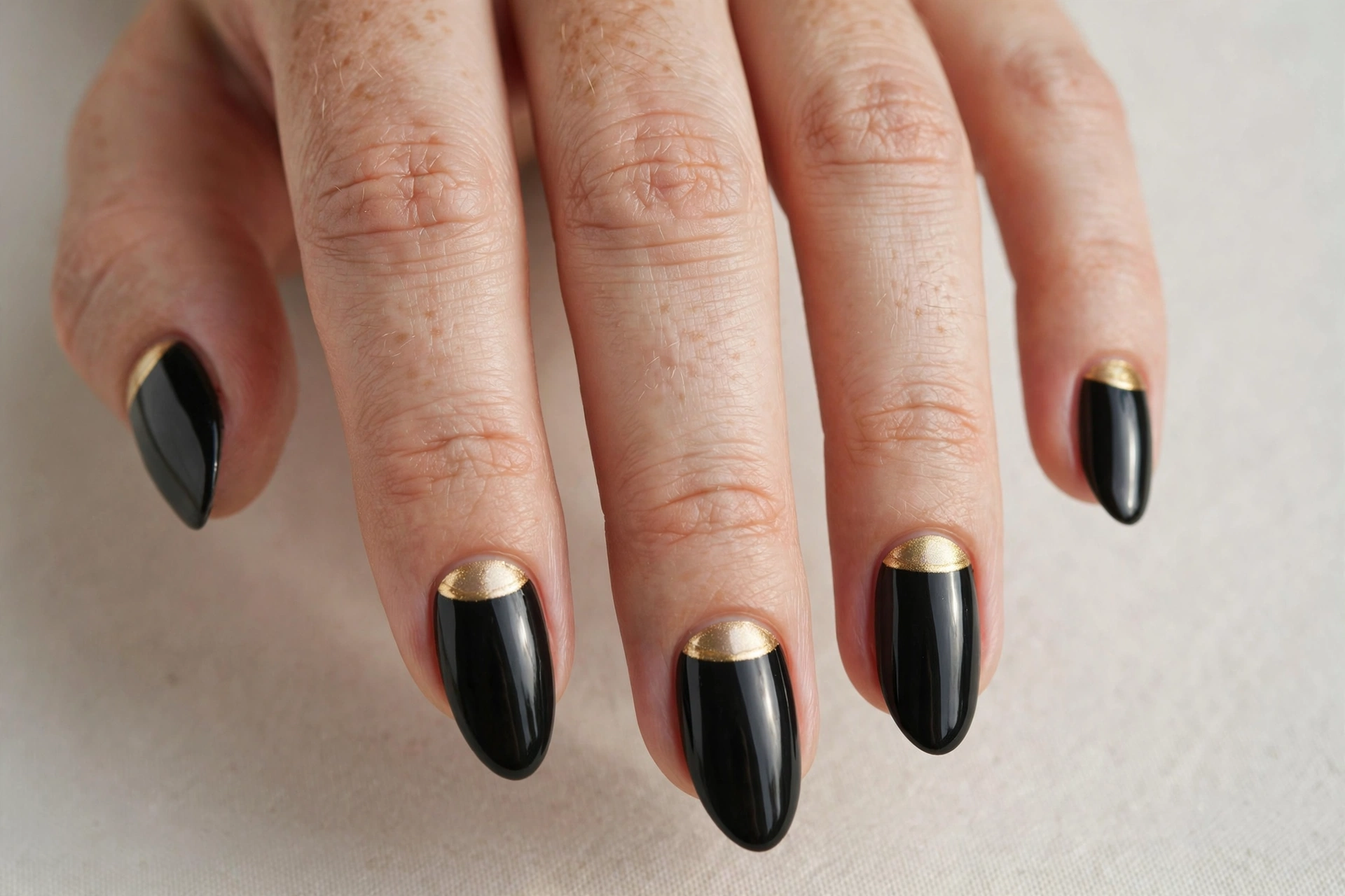 Black nails with metallic gold reverse French tips