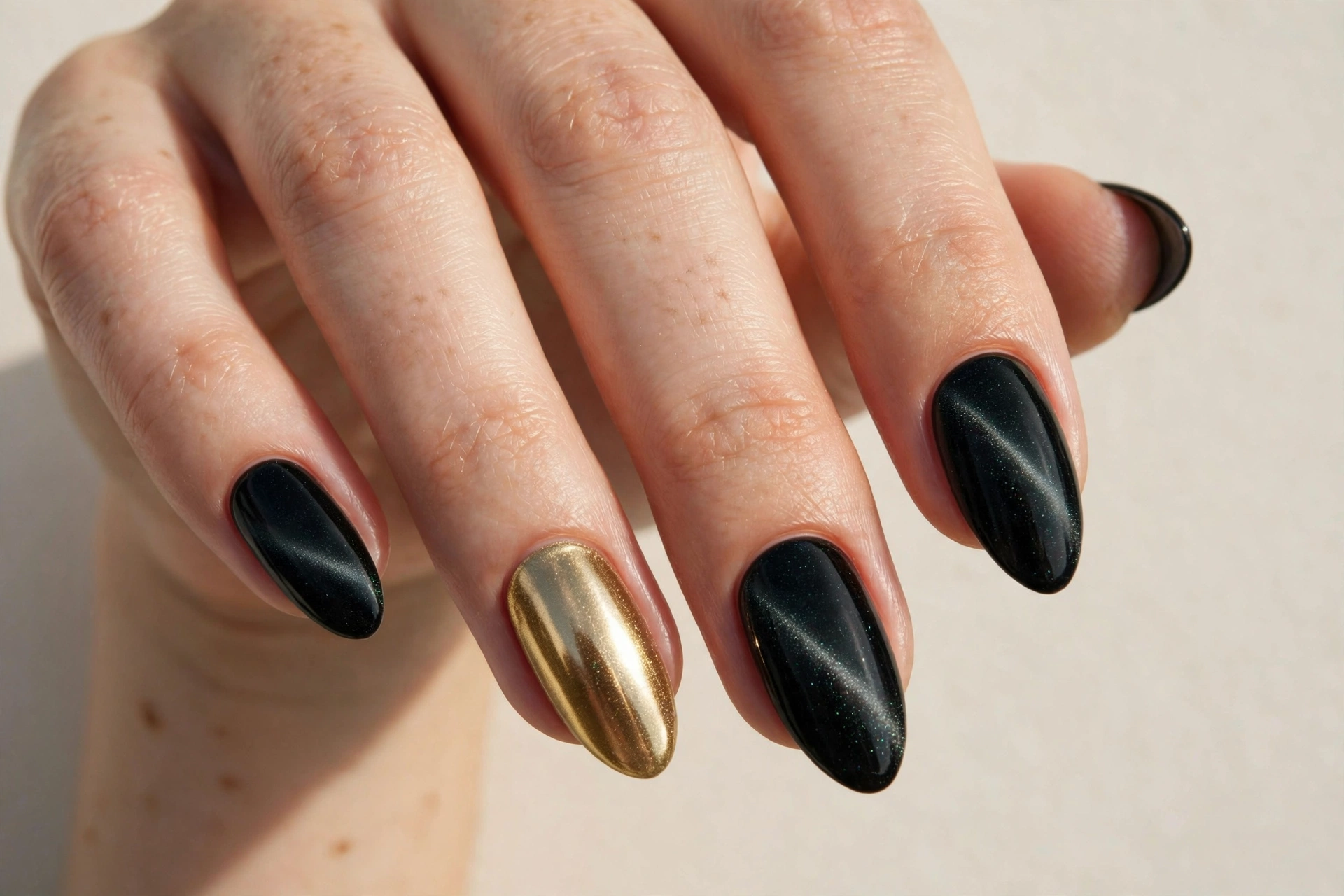 Black velvet cat-eye nails with shimmering gold chrome accent nails