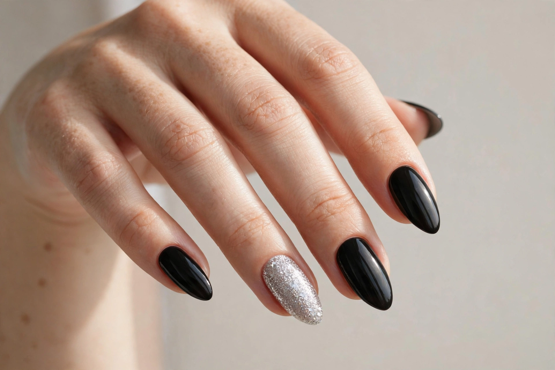 Black nails with a silver glitter accent nail