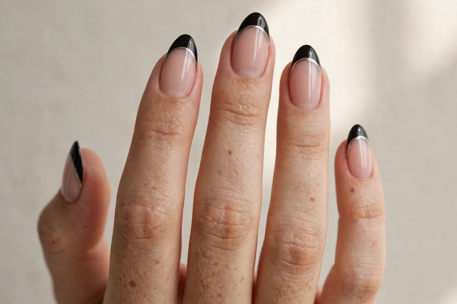Black French tip nails with a thin silver chrome line