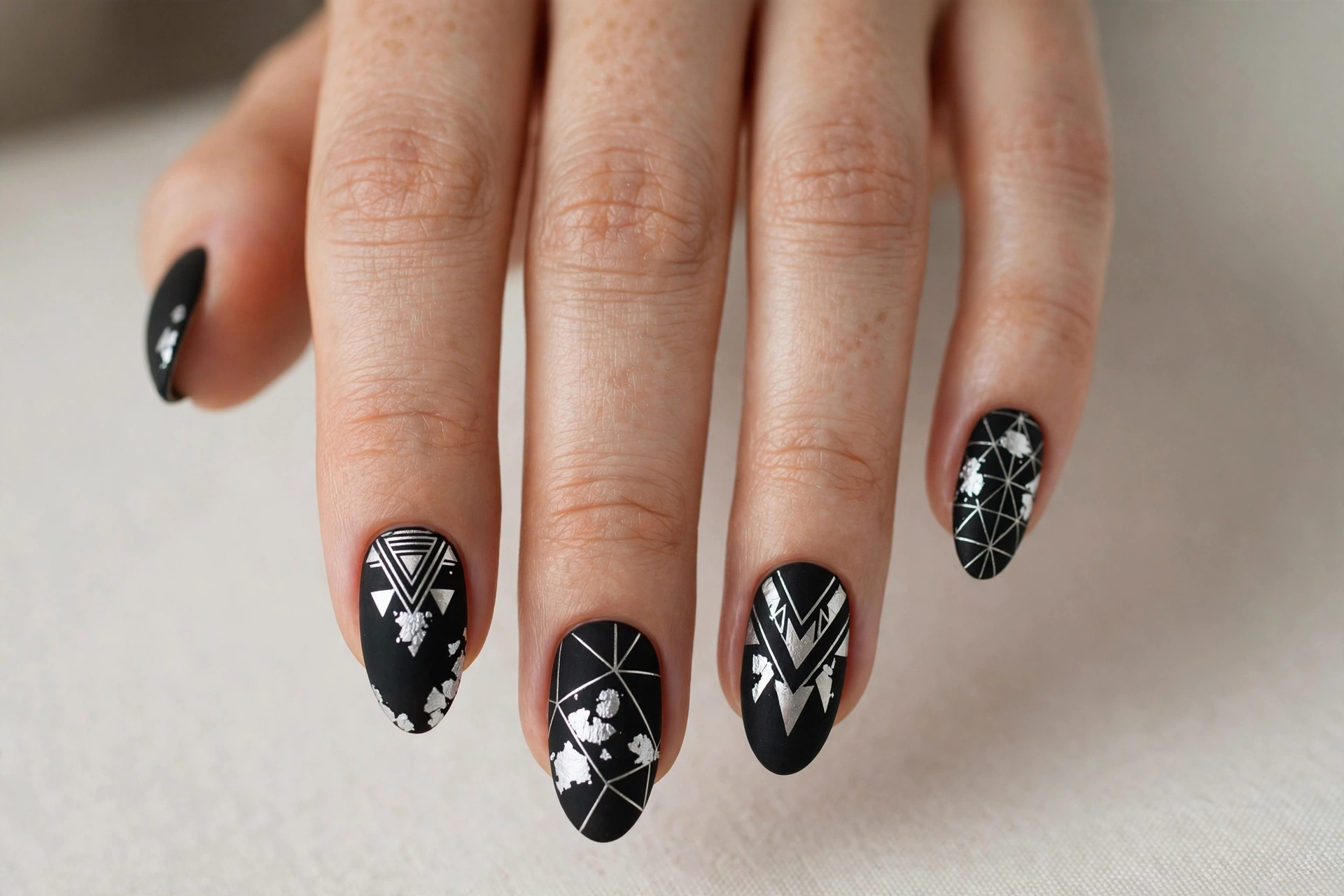 Matte black nails with silver geometric foil art