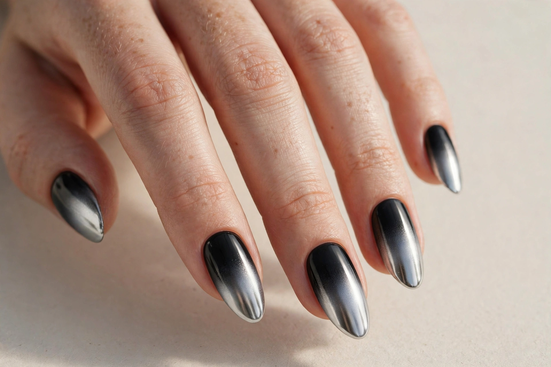 Black to silver chrome ombre gradient nails