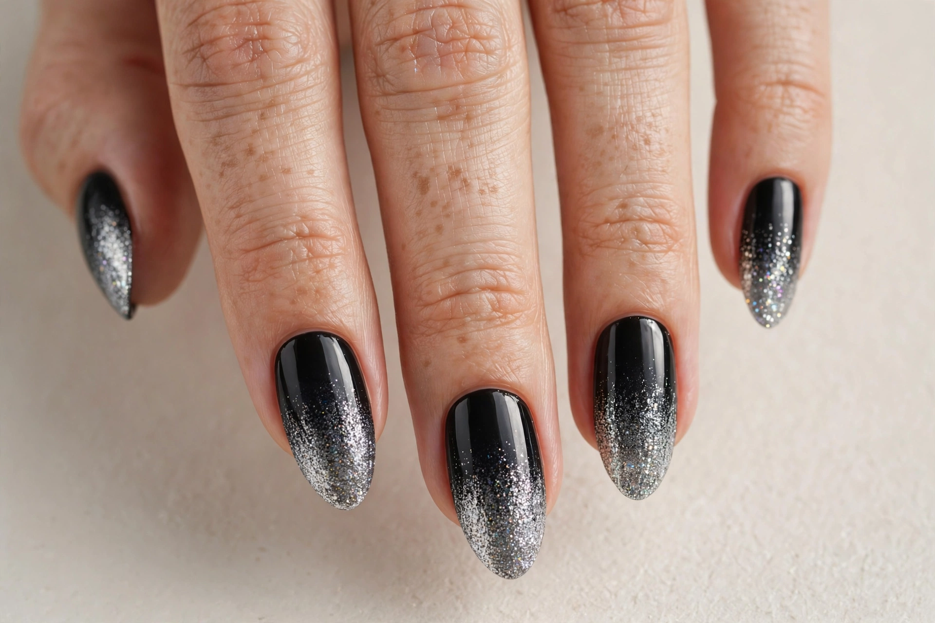 Silver glitter gradient fading over black nails