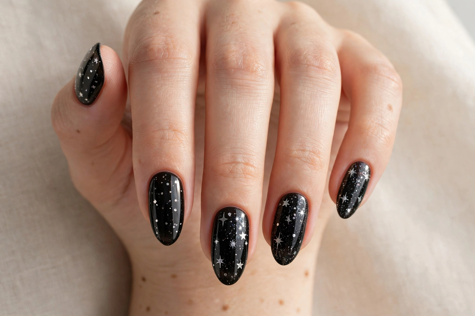 Black nails with tiny silver stars and sparkles