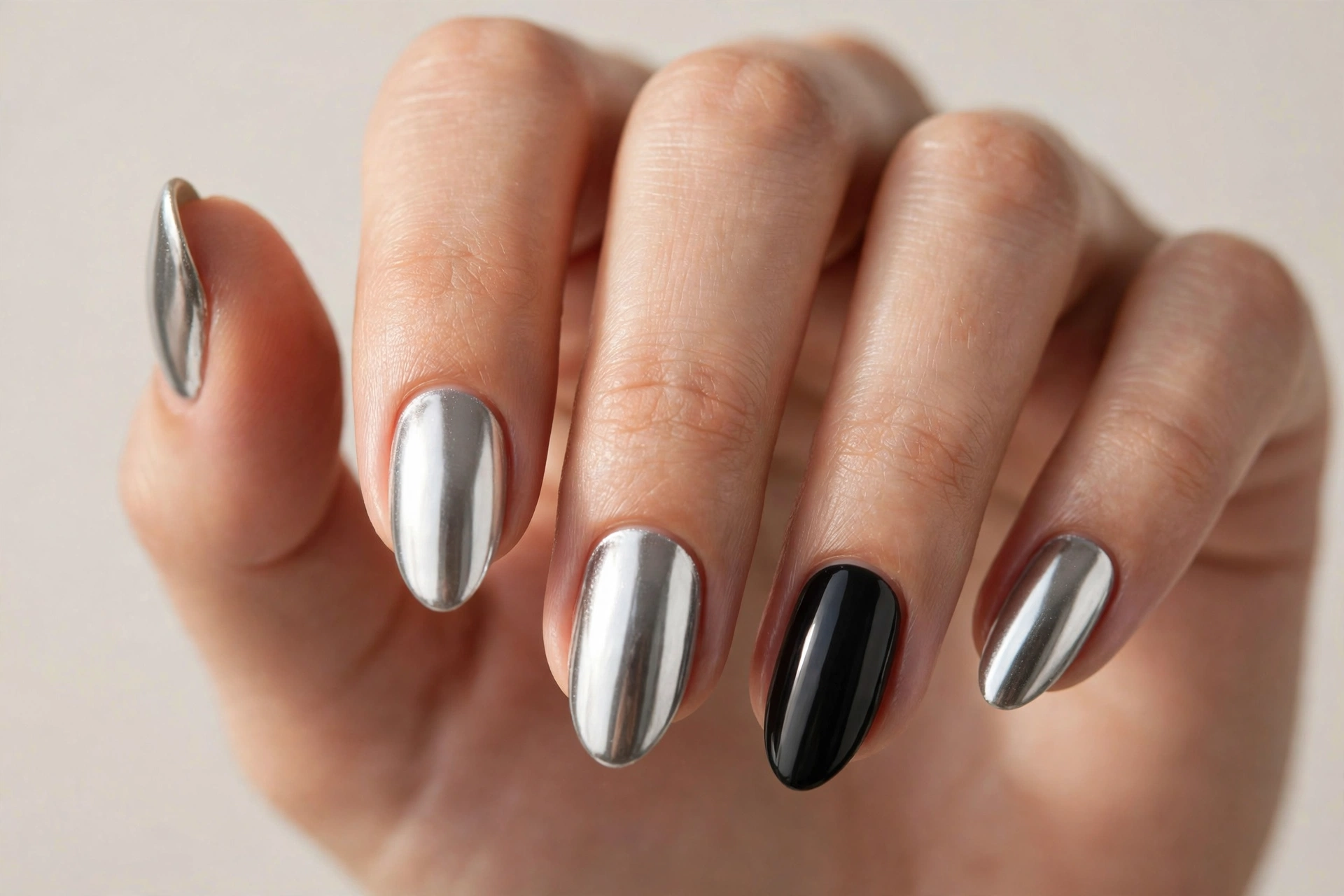Silver chrome nails with one black accent nail