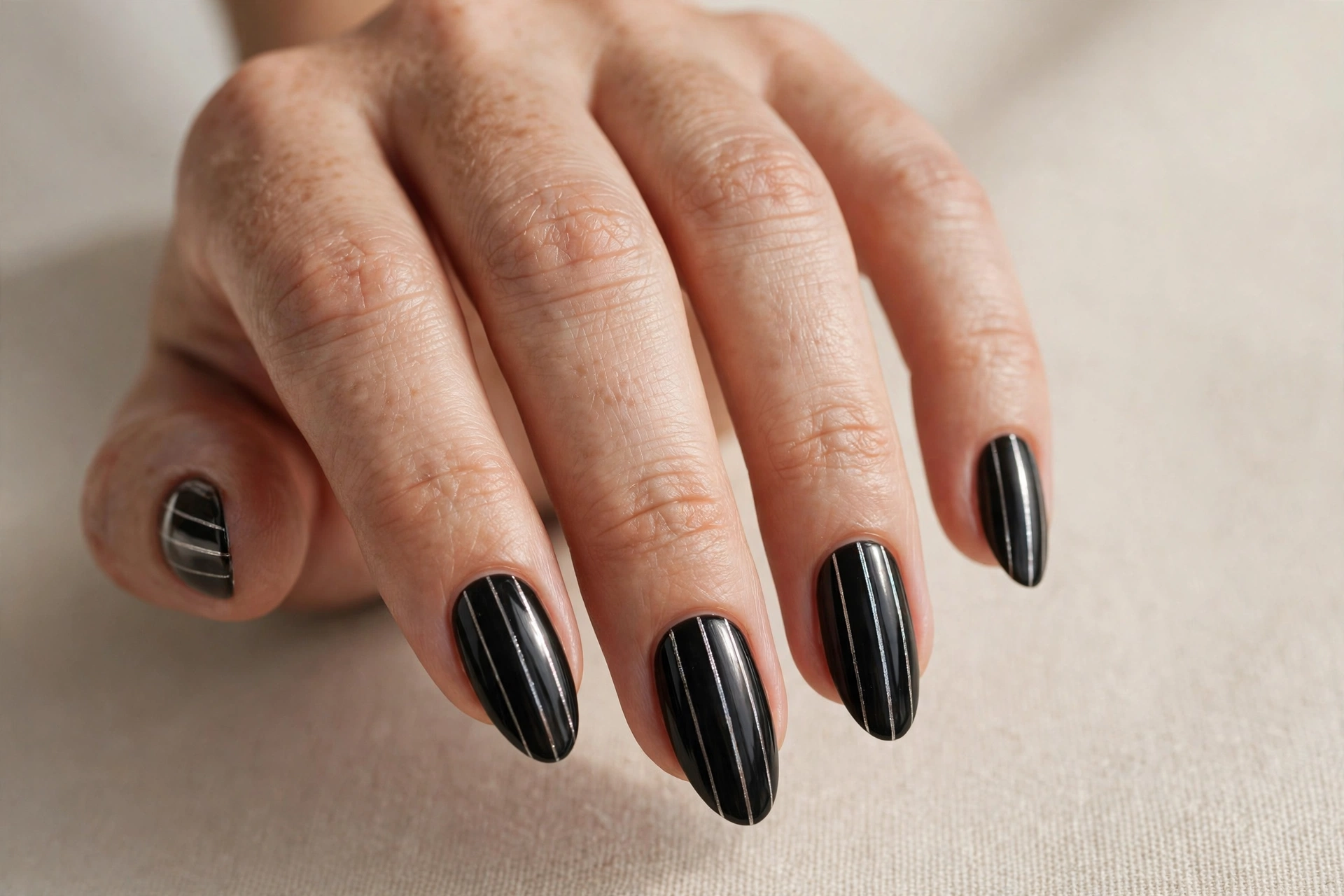 Black nails with thin silver stripes