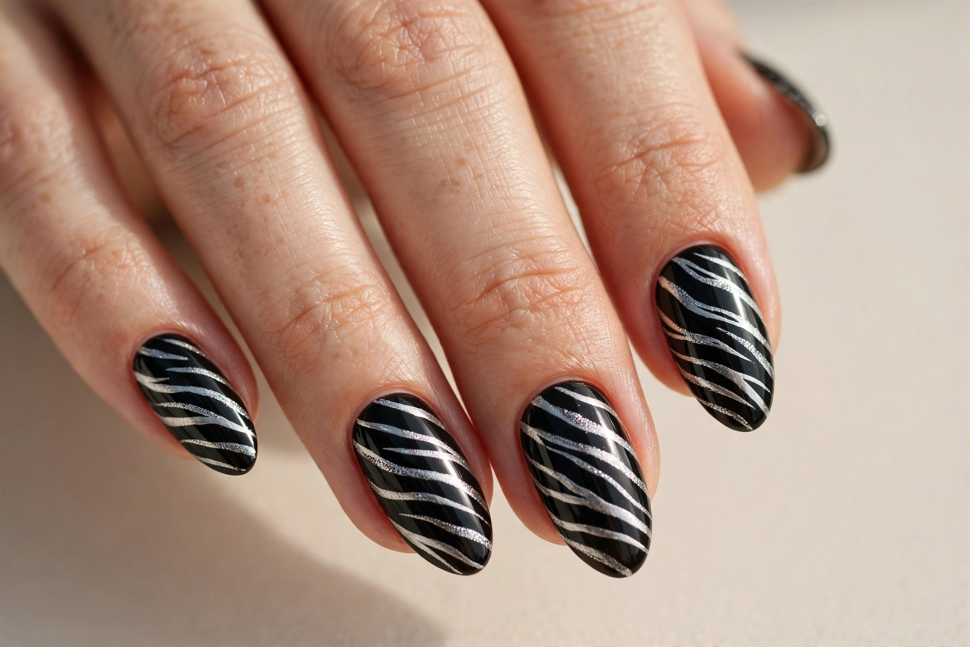 Black nails with silver zebra stripe art