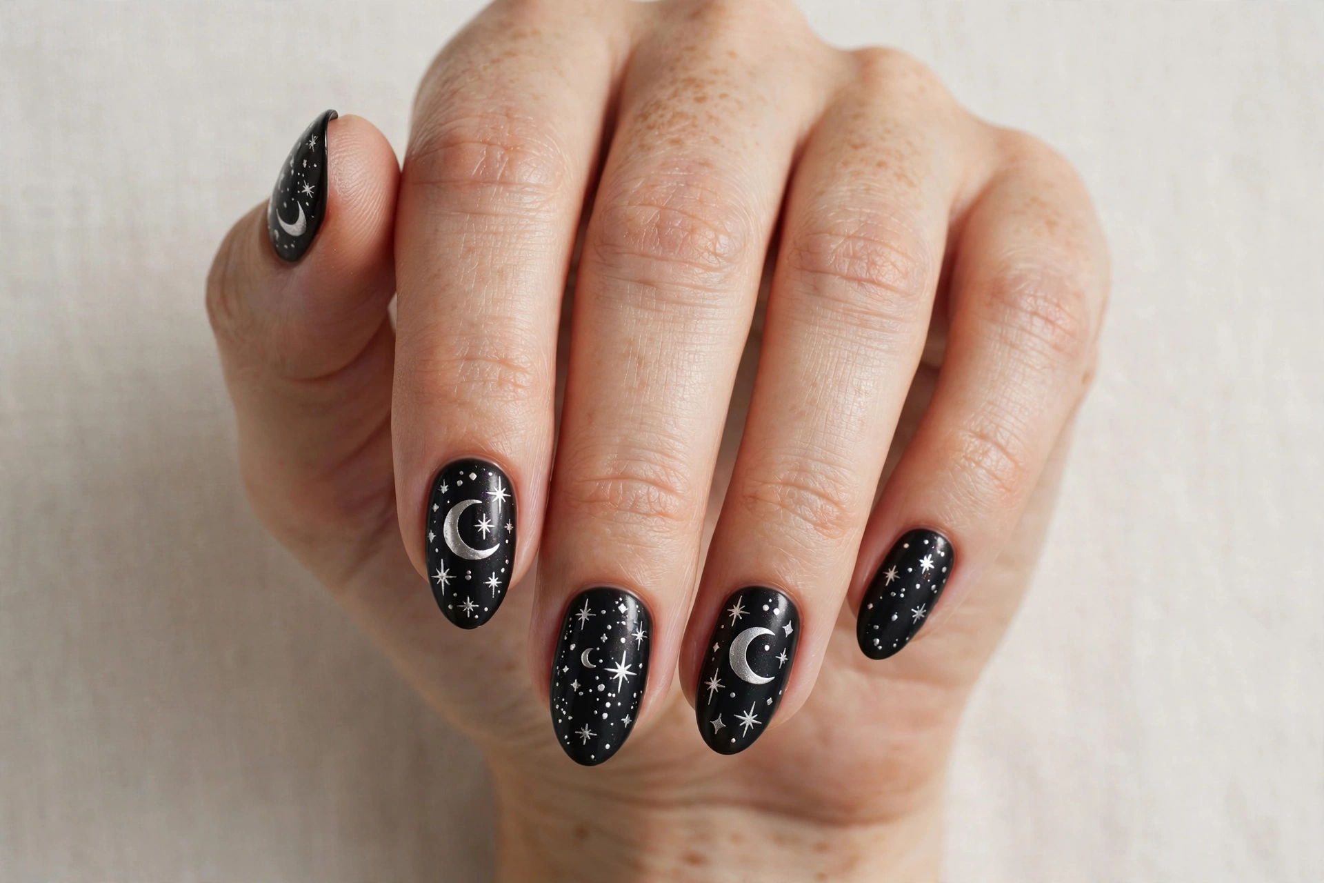 Black nails with silver moon and stars celestial art